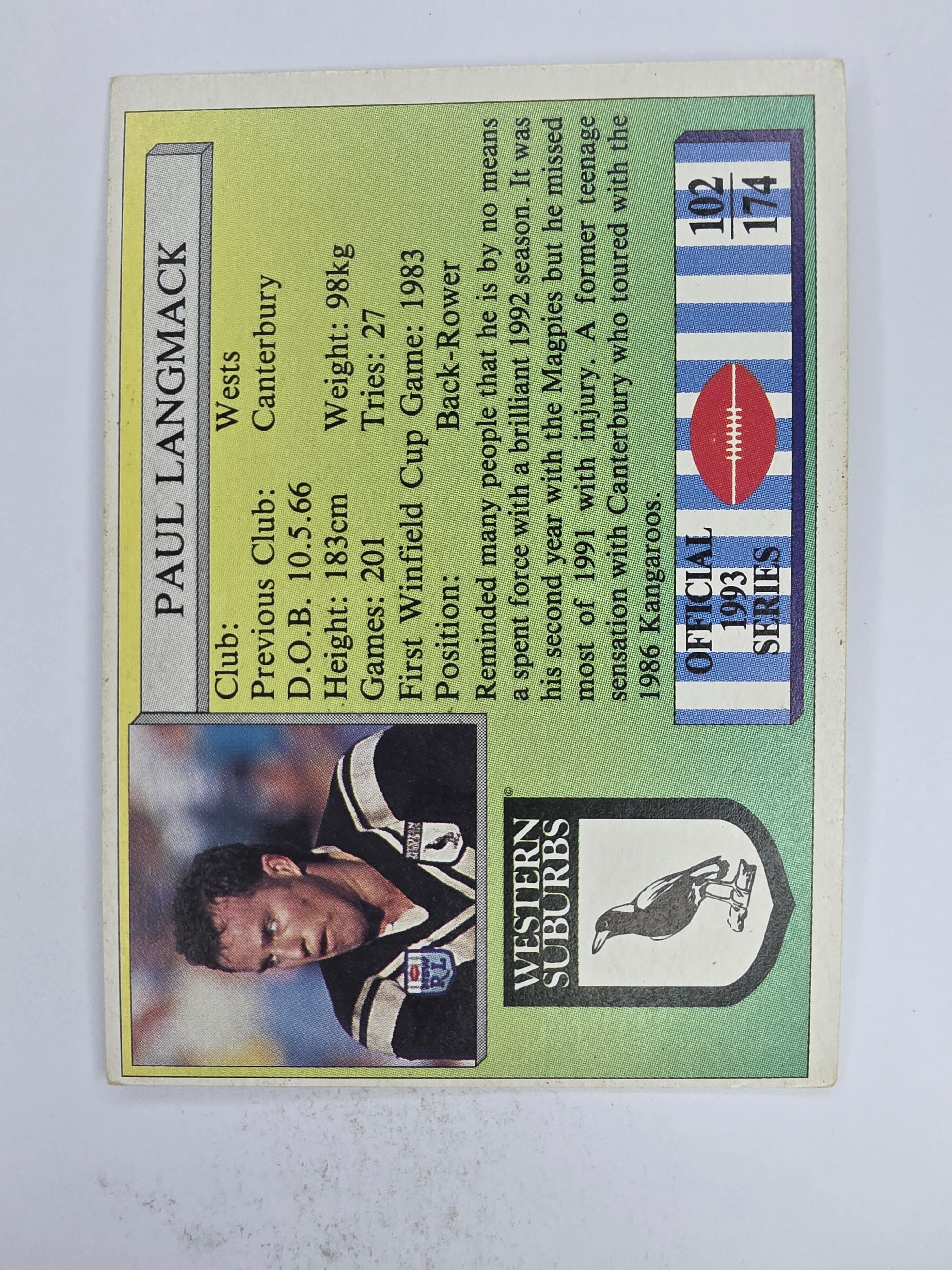 NRL 1993 Regina Base Card #102 Paul Langmack Western Suburbs Magpies