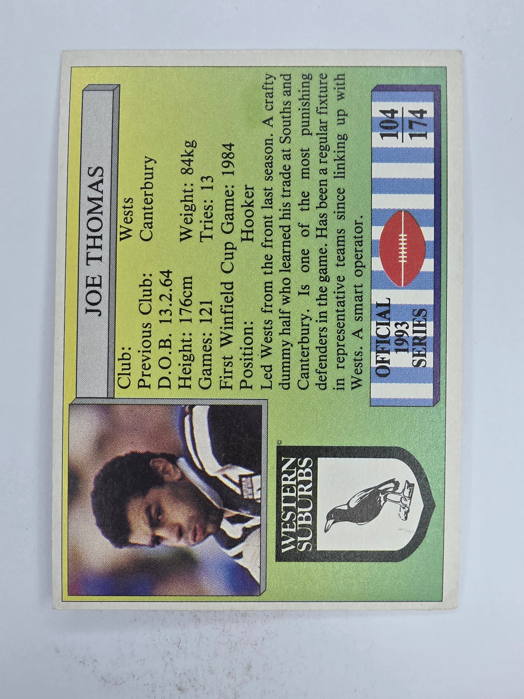 NRL 1993 Regina Base Card #104 Joe Thomas Western Suburbs Magpies