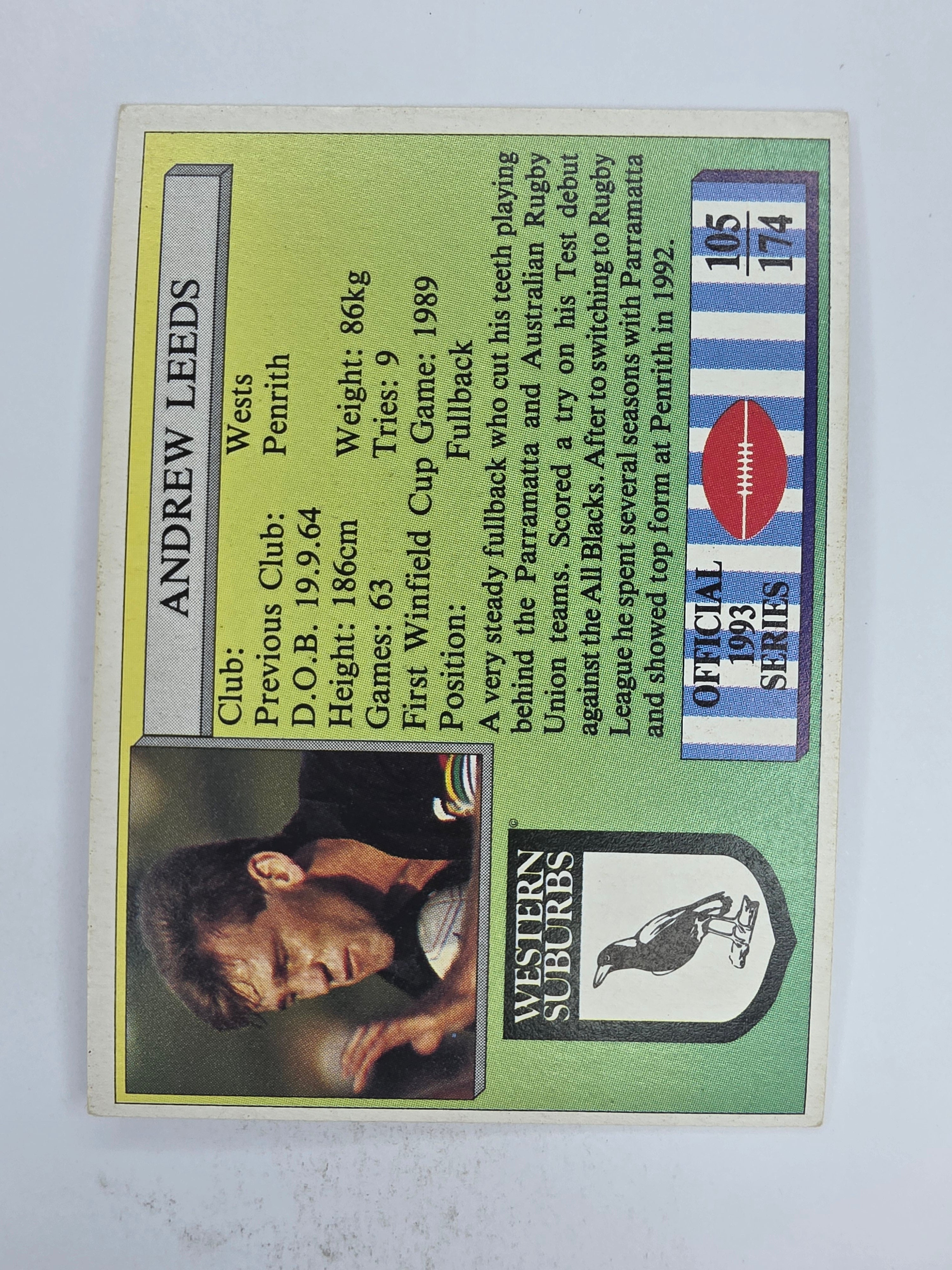 NRL 1993 Regina Base Card #105 Andrew Leeds Western Suburbs Magpies