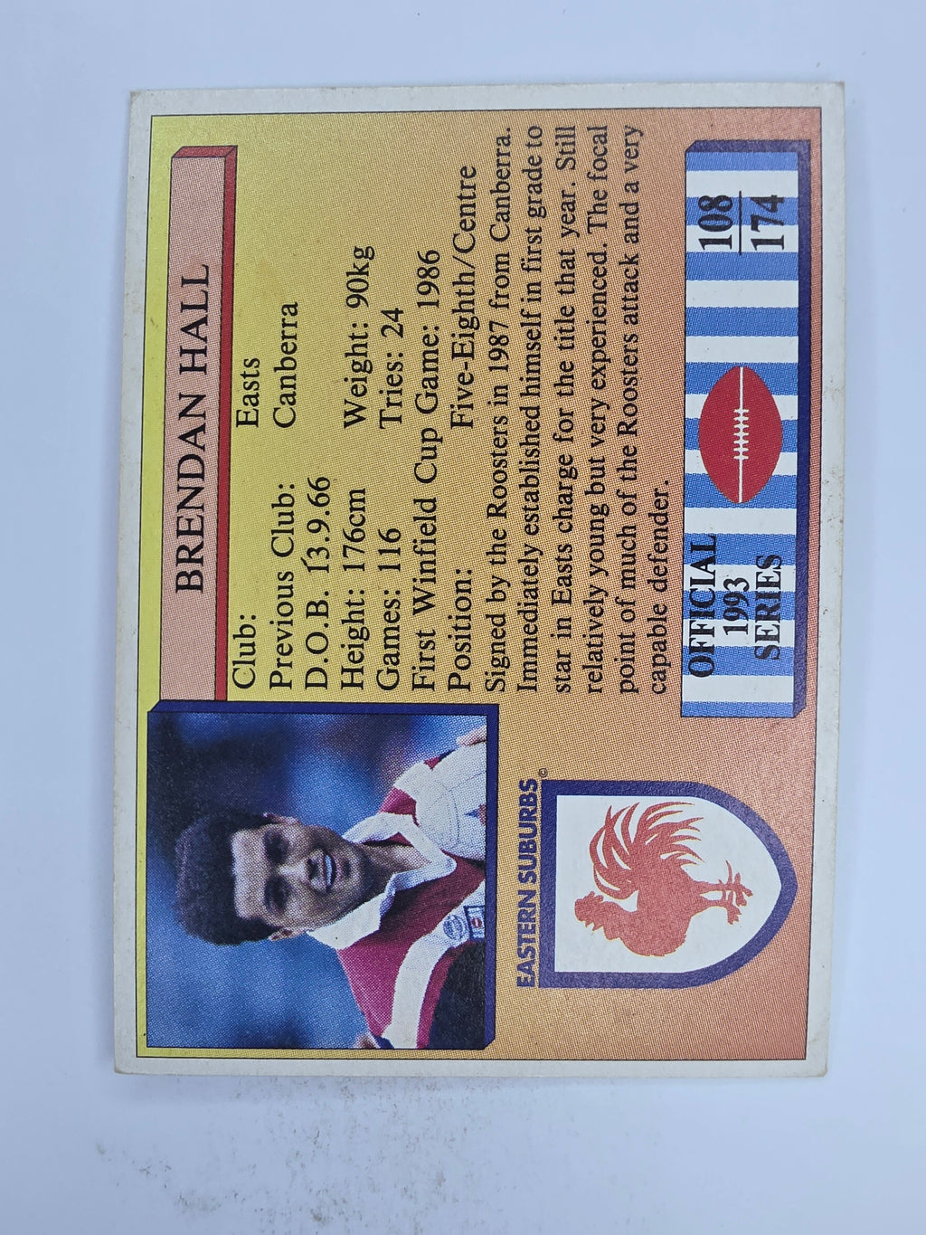 NRL 1993 Regina Base Card #108 Brendan Hall Eastern Suburbs Roosters