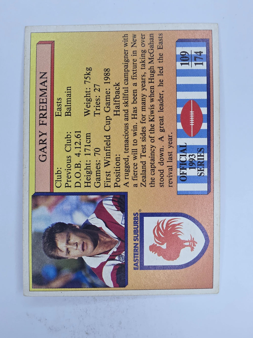 NRL 1993 Regina Base Card #109 Gary Freeman Eastern Suburbs Roosters