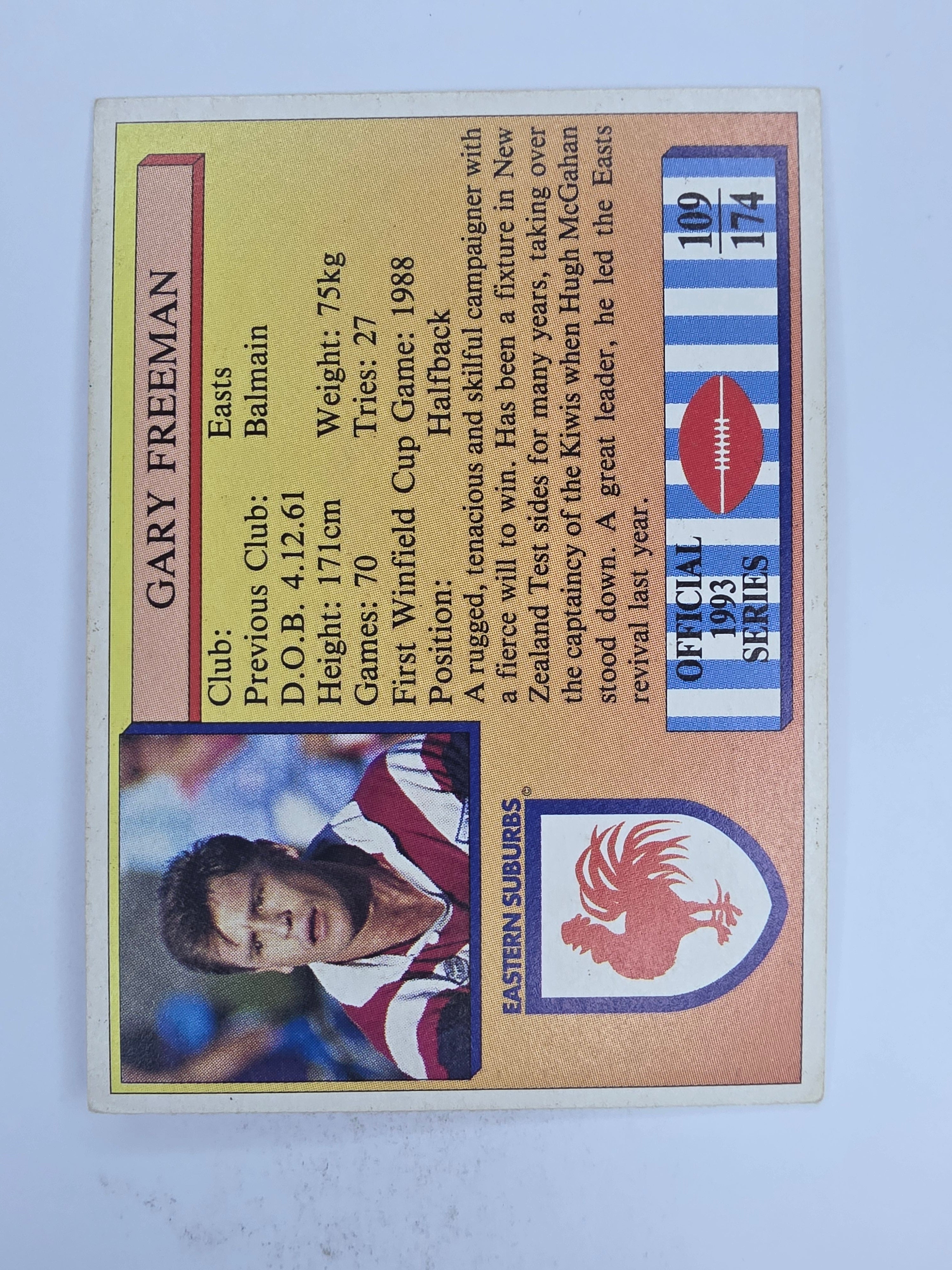 NRL 1993 Regina Base Card #109 Gary Freeman Eastern Suburbs Roosters