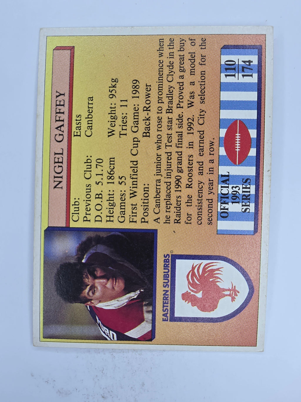 NRL 1993 Regina Base Card #110 Nigel Gaffey Eastern Suburbs Roosters