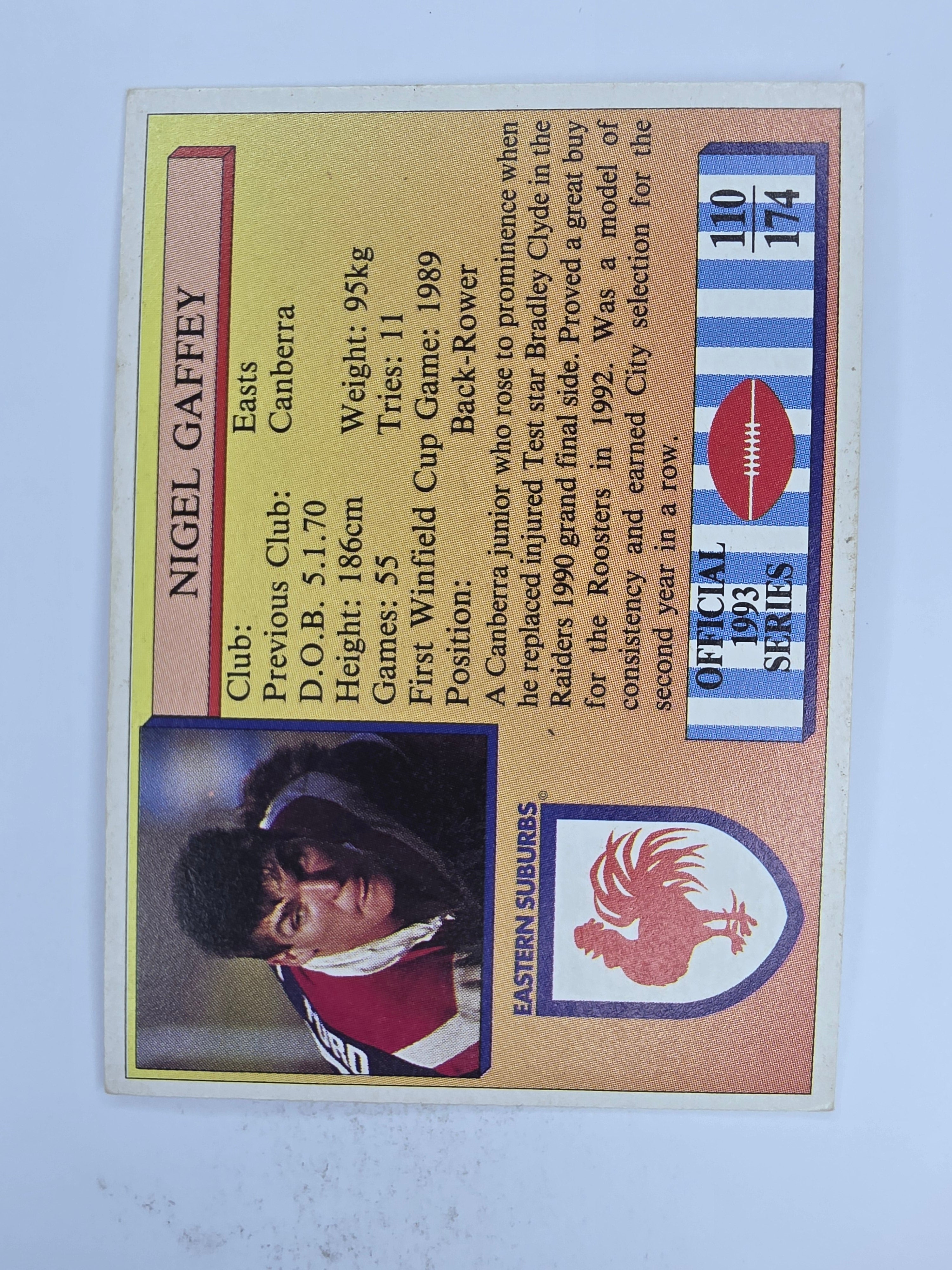 NRL 1993 Regina Base Card #110 Nigel Gaffey Eastern Suburbs Roosters