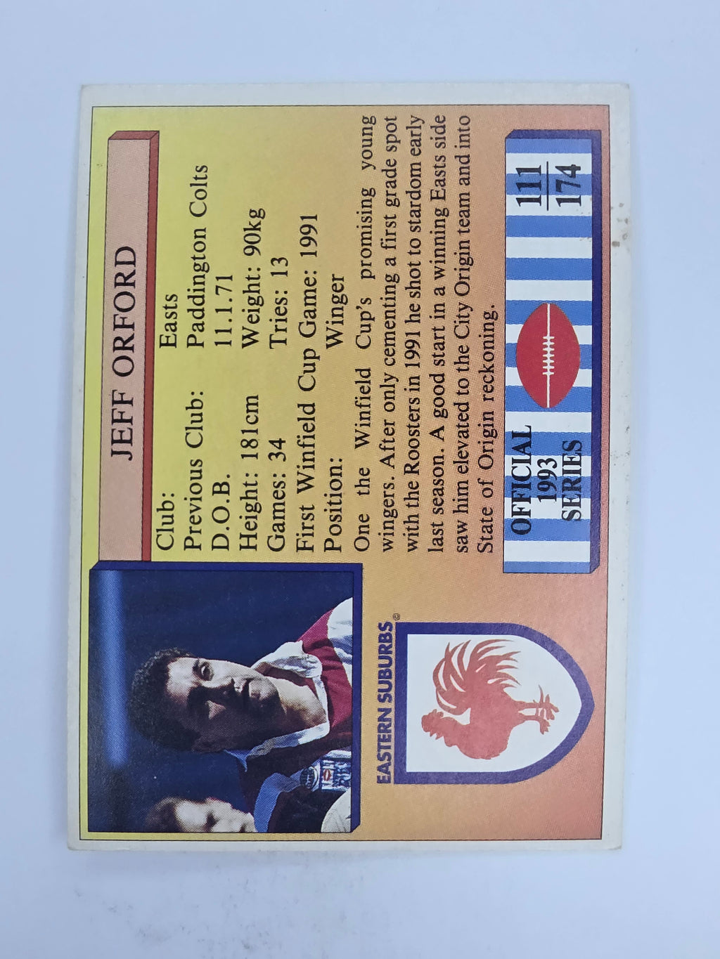 NRL 1993 Regina Base Card #111 Jeff Orford Eastern Suburbs Roosters