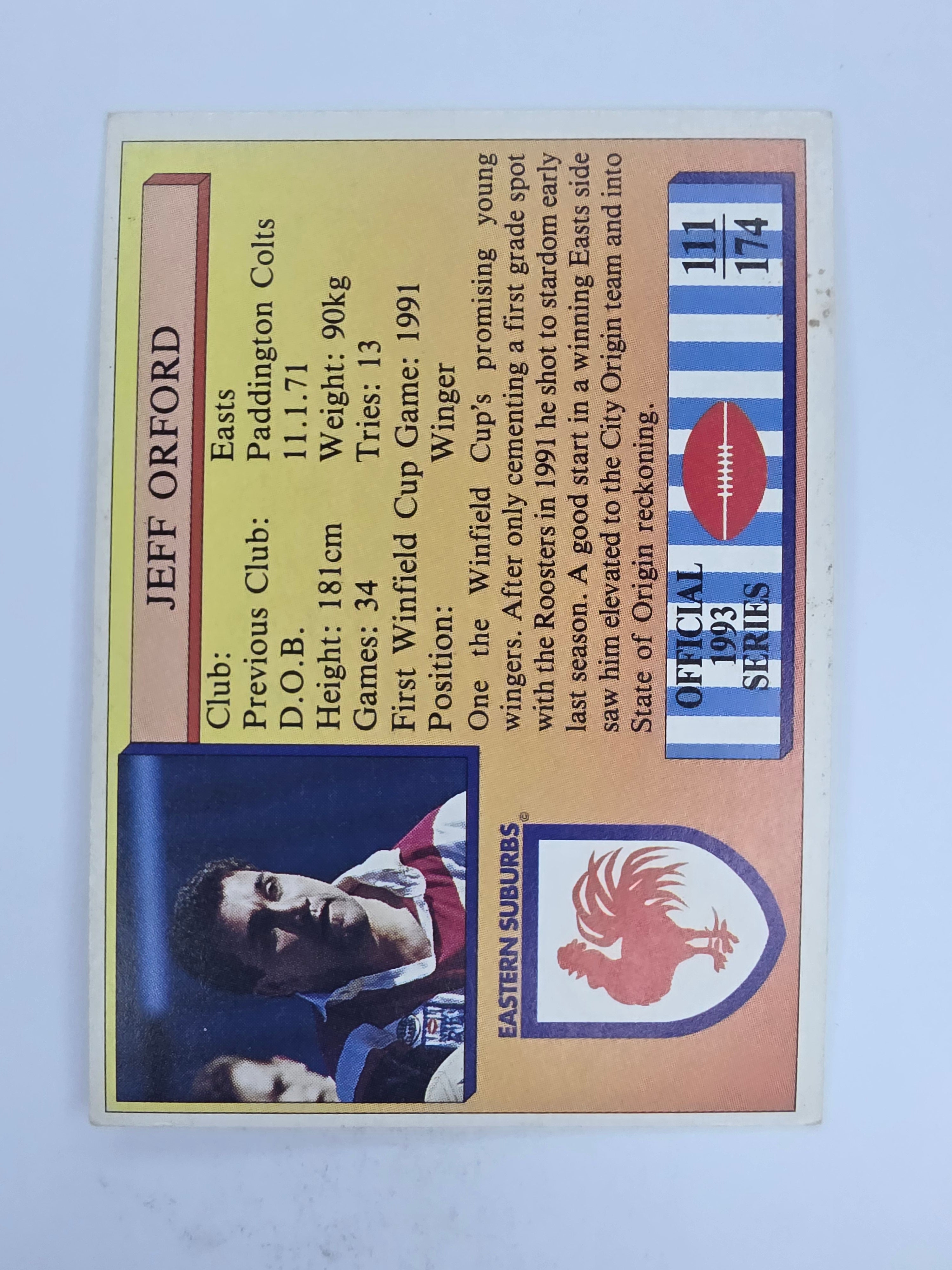NRL 1993 Regina Base Card #111 Jeff Orford Eastern Suburbs Roosters