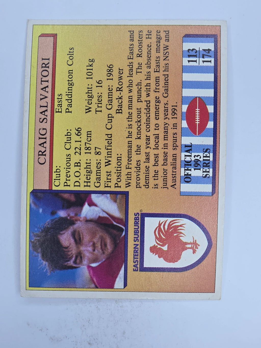 NRL 1993 Regina Base Card #113 Craig Salvatori Eastern Suburbs Roosters