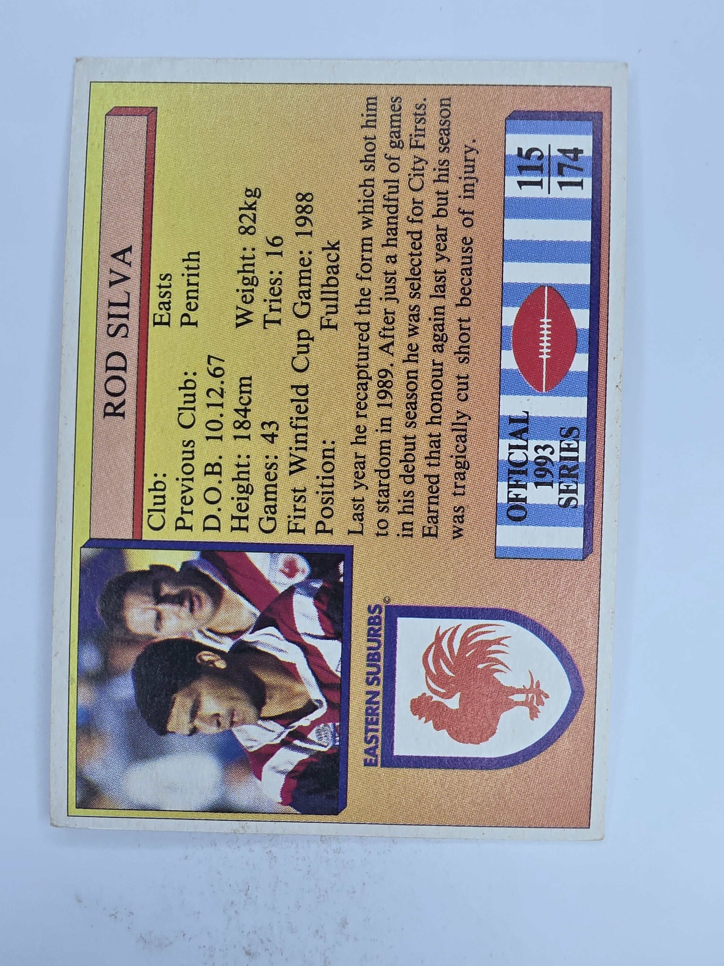 NRL 1993 Regina Base Card #115 Rod Silva Eastern Suburbs Roosters