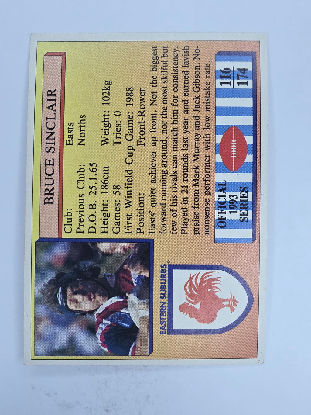 NRL 1993 Regina Base Card #116 Bruce Sinclair Eastern Suburbs Roosters