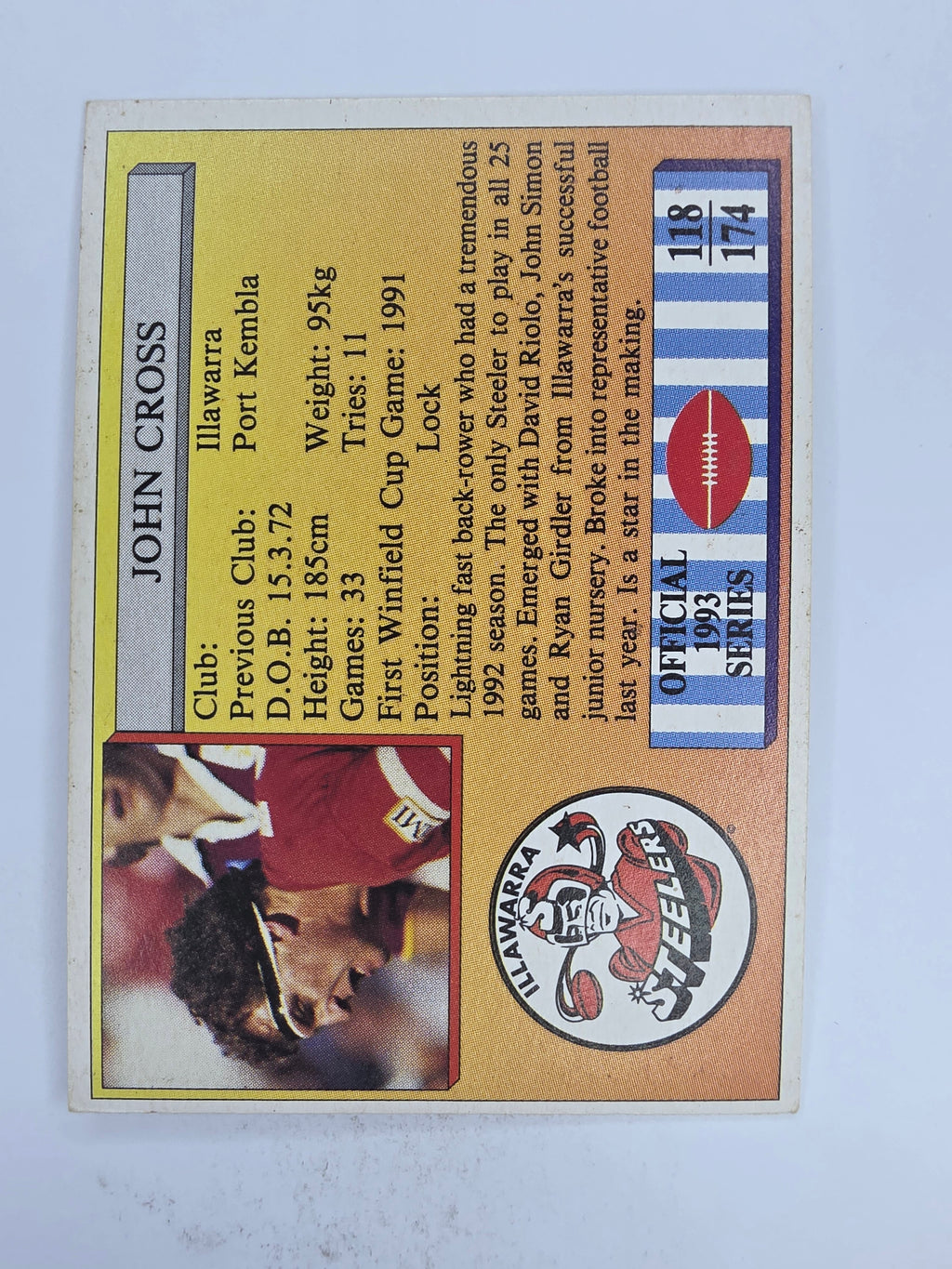 NRL 1993 Regina Base Card #118 John Cross Illawarra Steelers