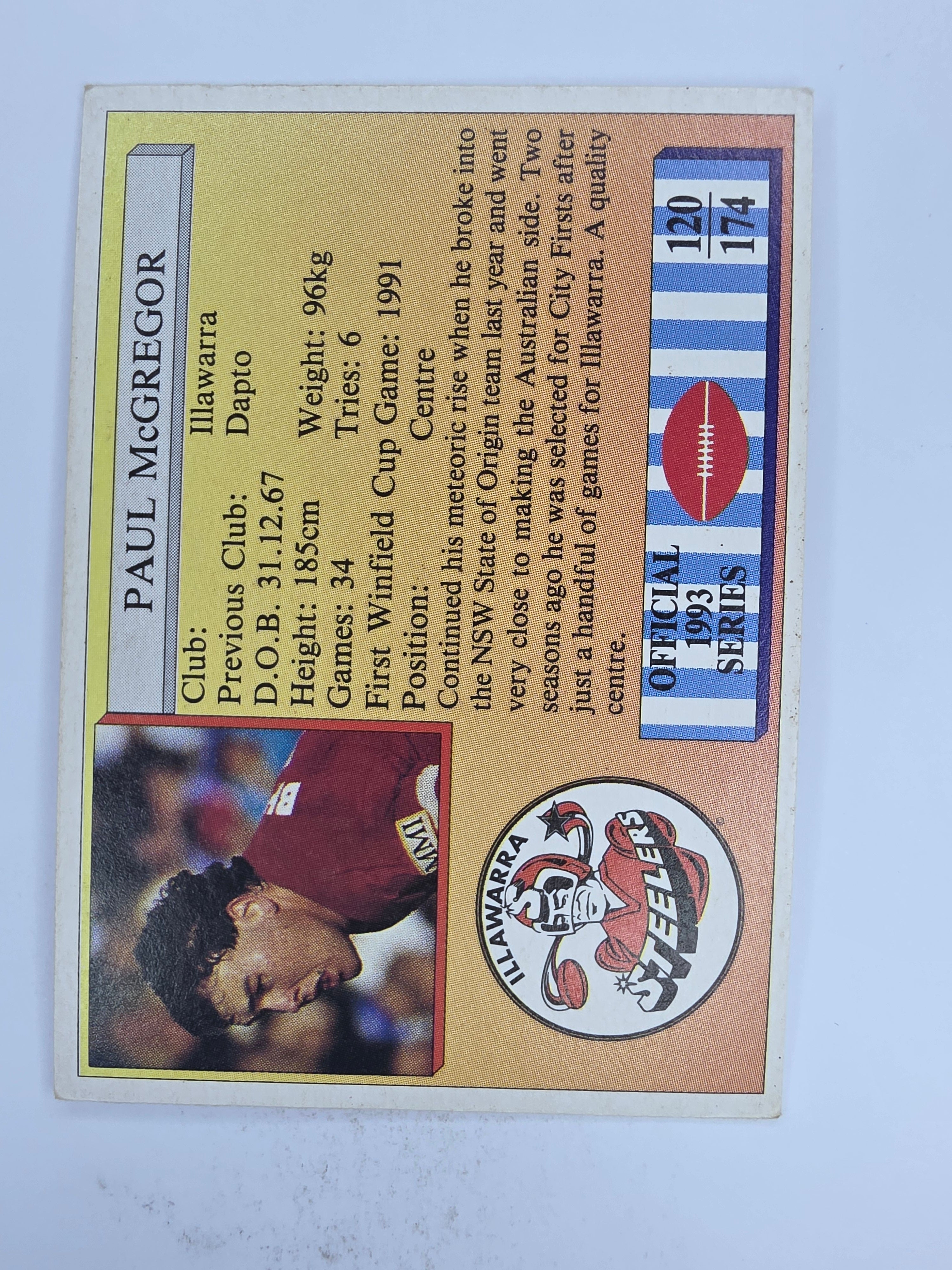 NRL 1993 Regina Base Card #120 Paul McGregor Illawarra Steelers