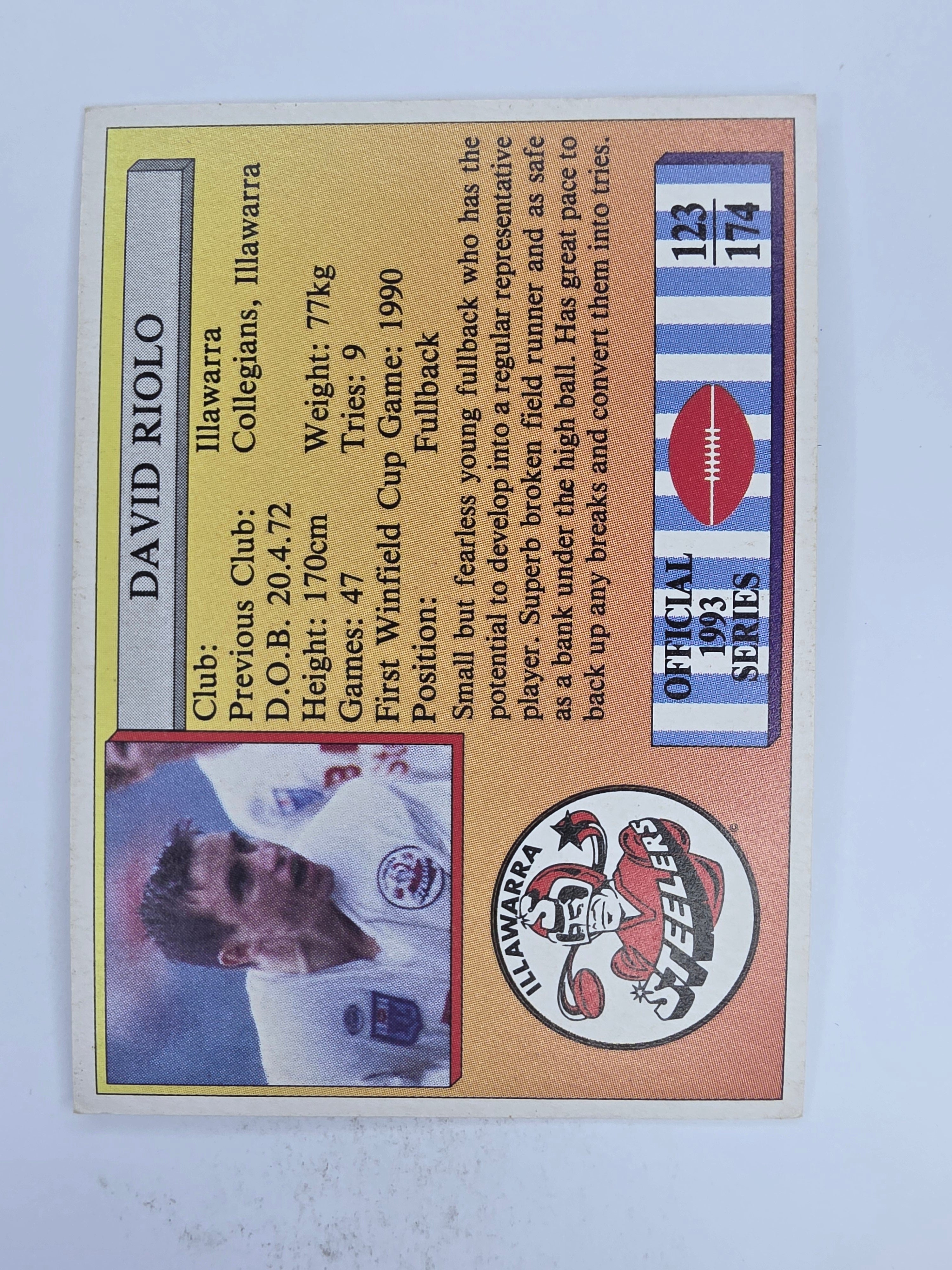 NRL 1993 Regina Base Card #123 David Riolo Illawarra Steelers