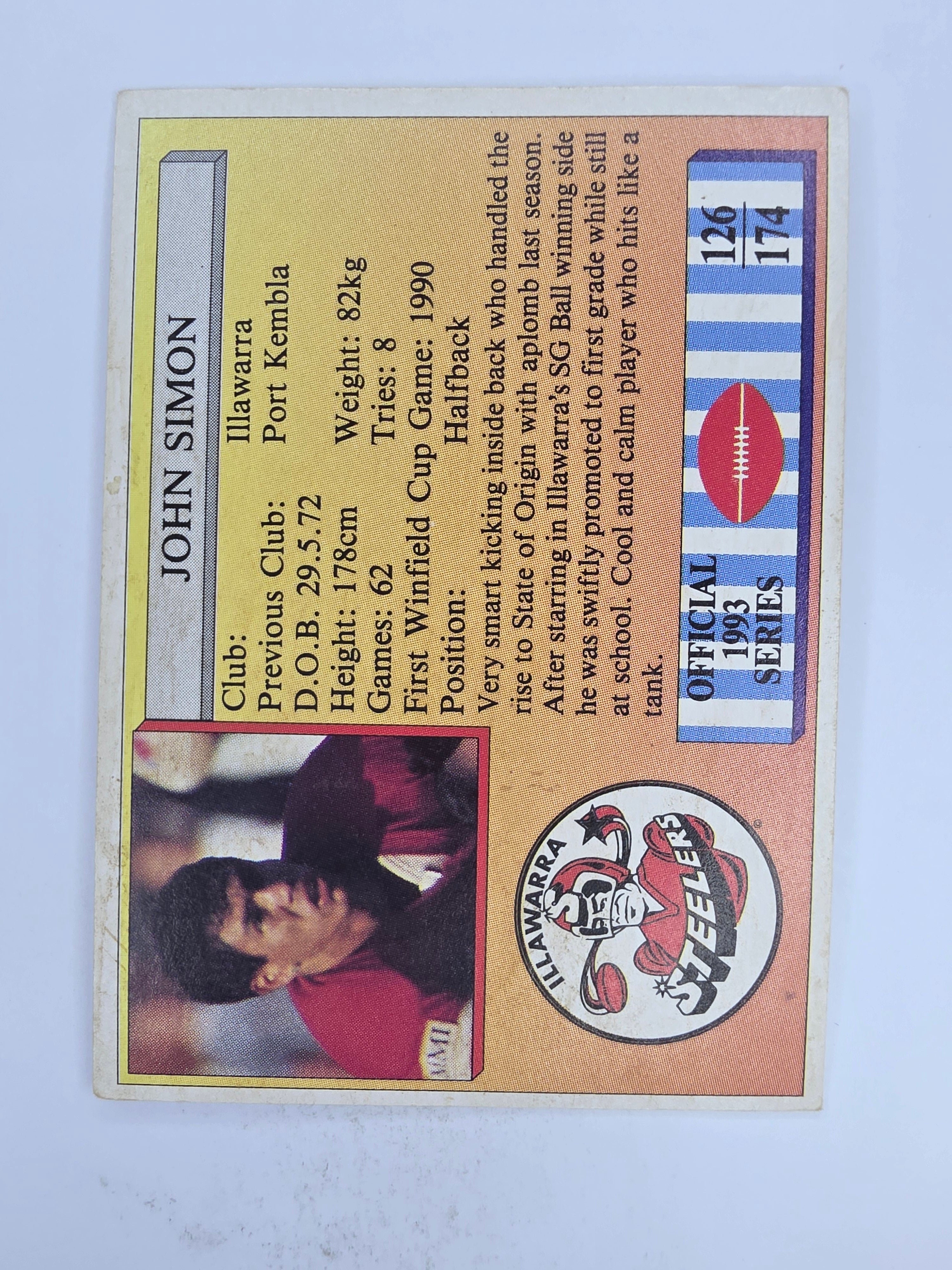 NRL 1993 Regina Base Card #126 John Simon Illawarra Steelers