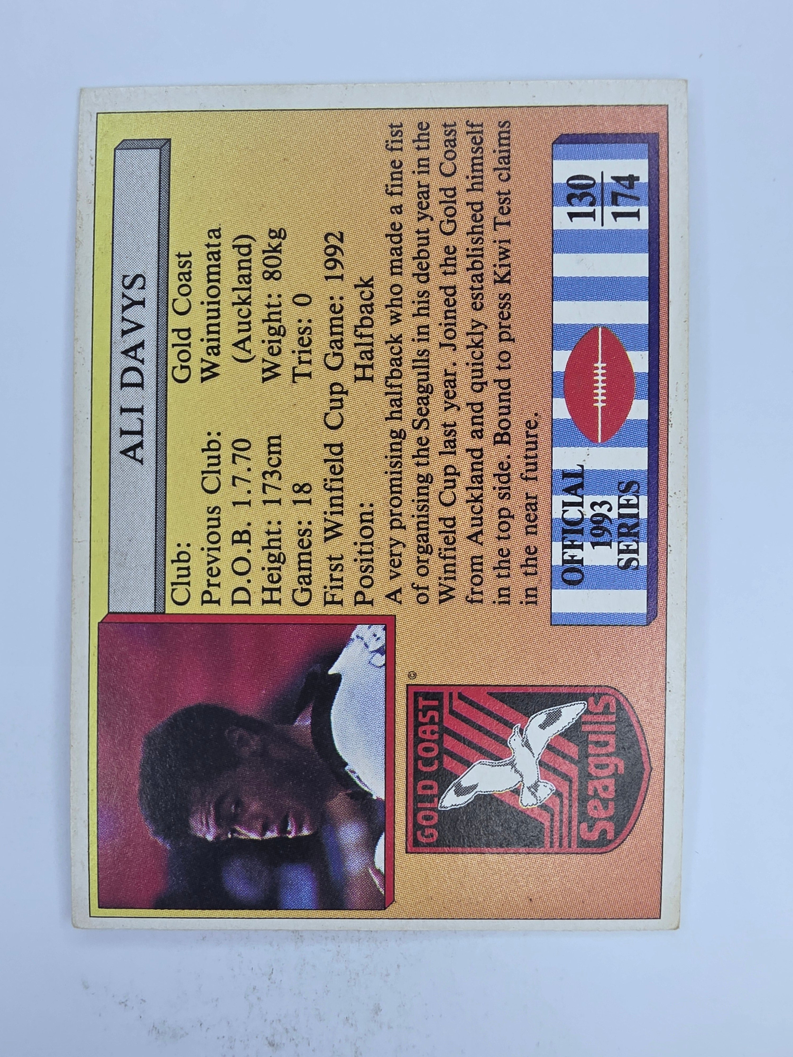 NRL 1993 Regina Base Card #130 Ali Davis Gold Coast Seagulls