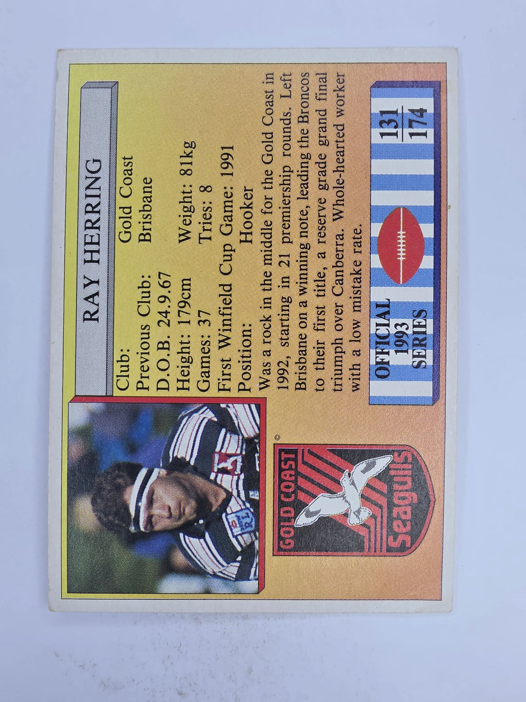 NRL 1993 Regina Base Card #131 Ray Herring Gold Coast Seagulls