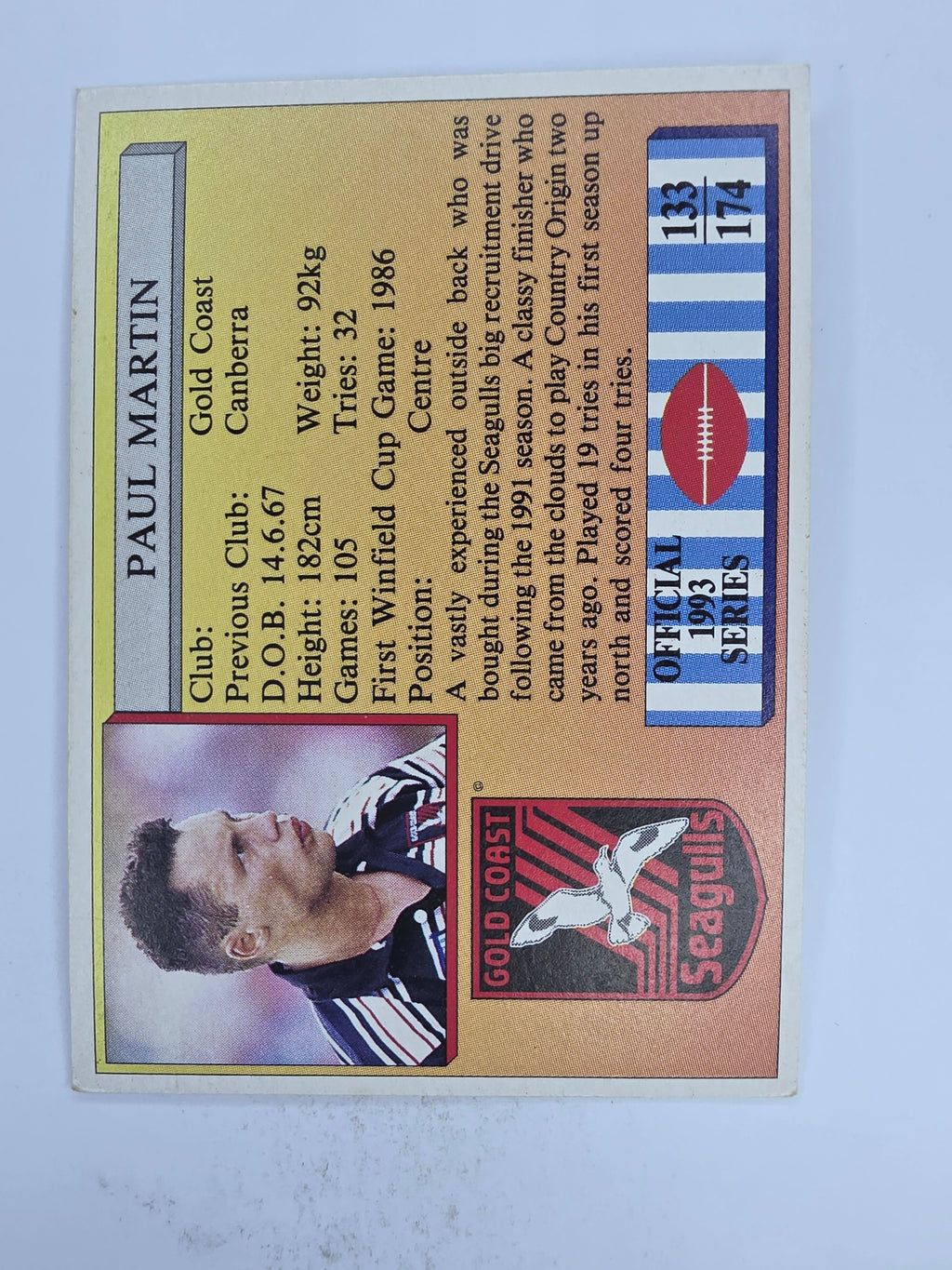 NRL 1993 Regina Base Card #133 Paul Martin Gold Coast Seagulls
