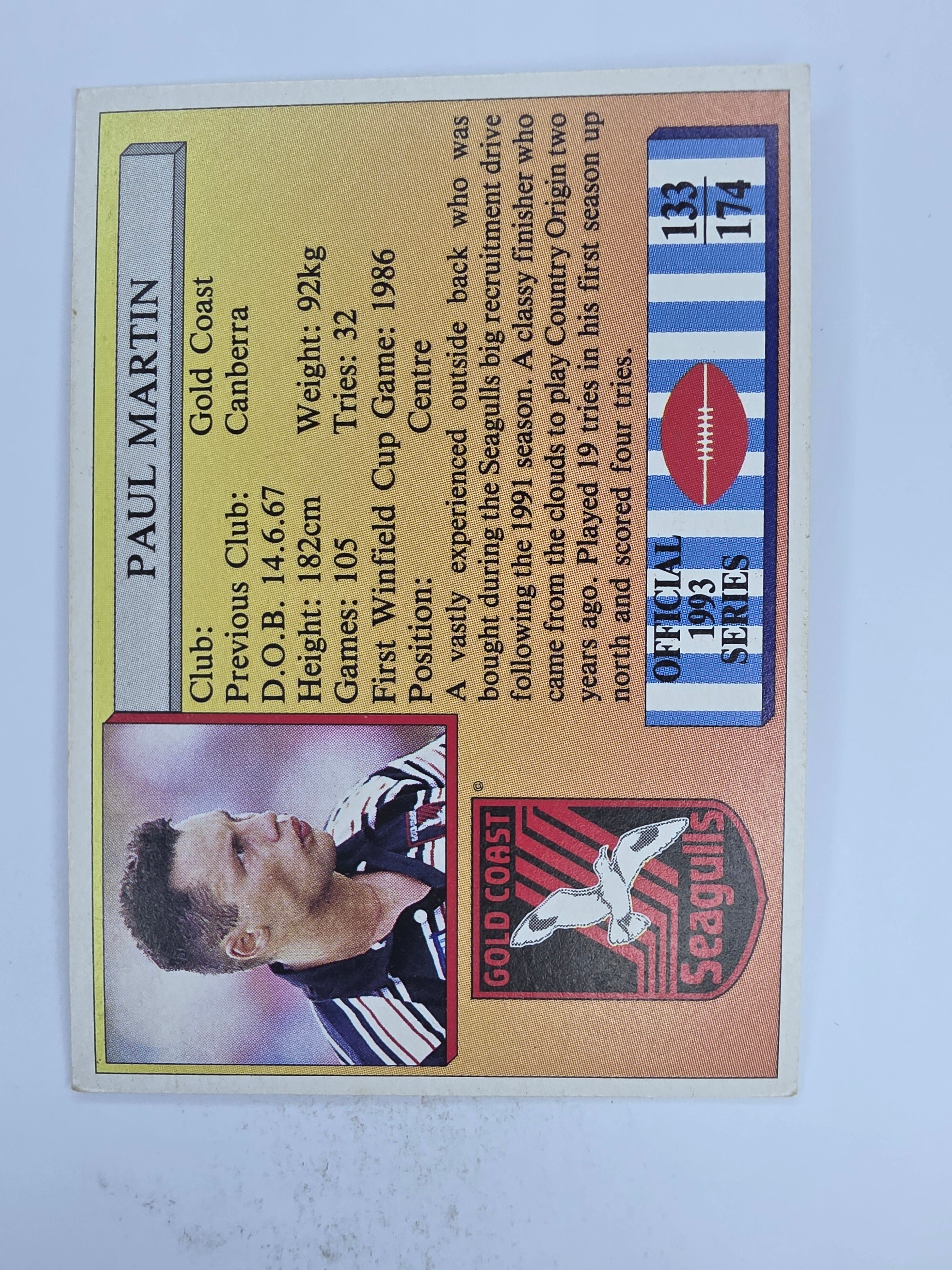 NRL 1993 Regina Base Card #133 Paul Martin Gold Coast Seagulls