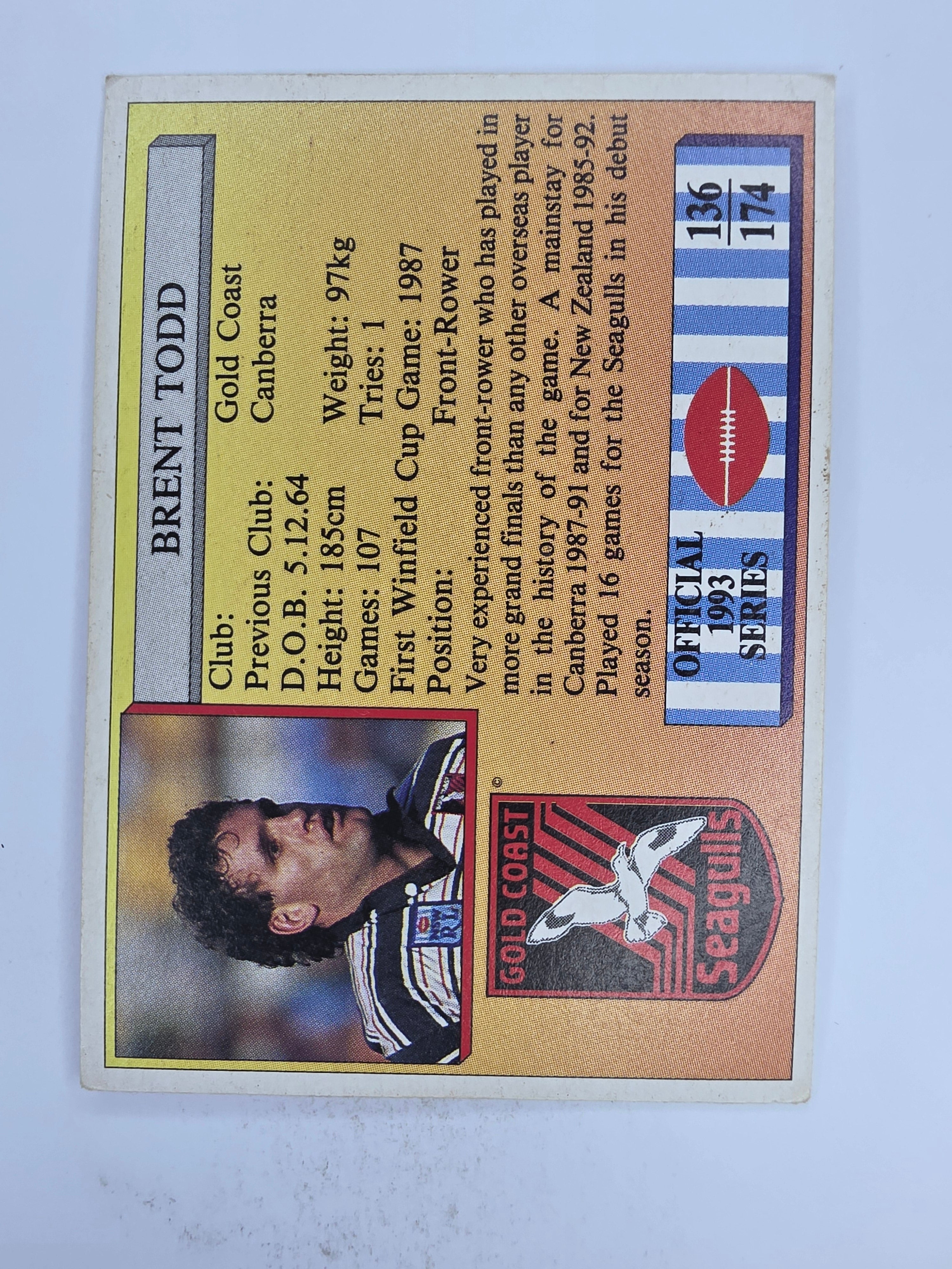 NRL 1993 Regina Base Card #136 Brent Todd Gold Coast Seagulls