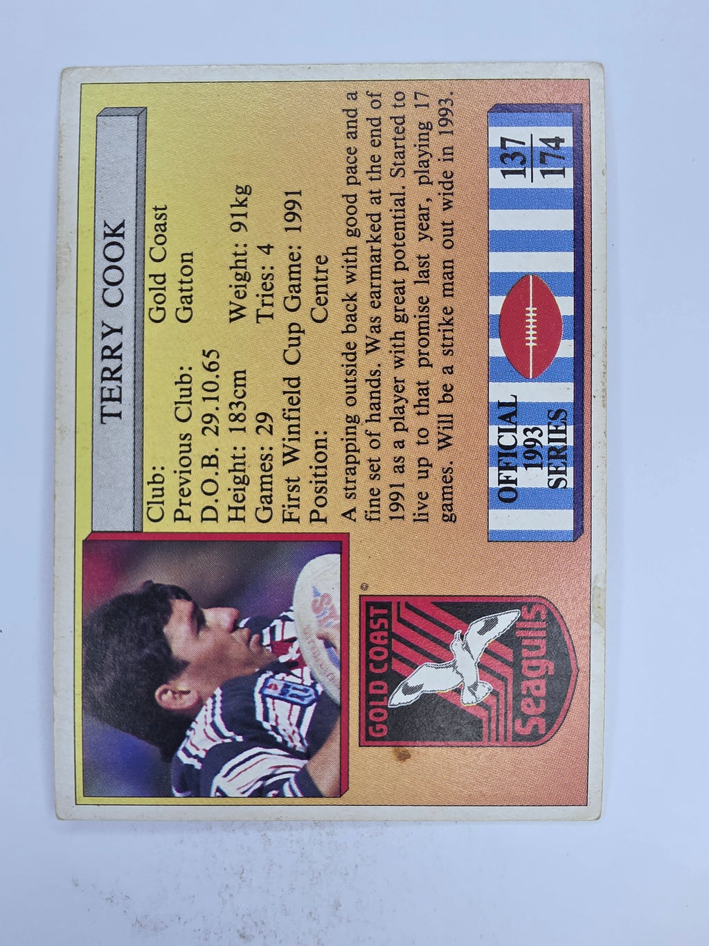 NRL 1993 Regina Base Card #137 Terry Cook Gold Coast Seagulls