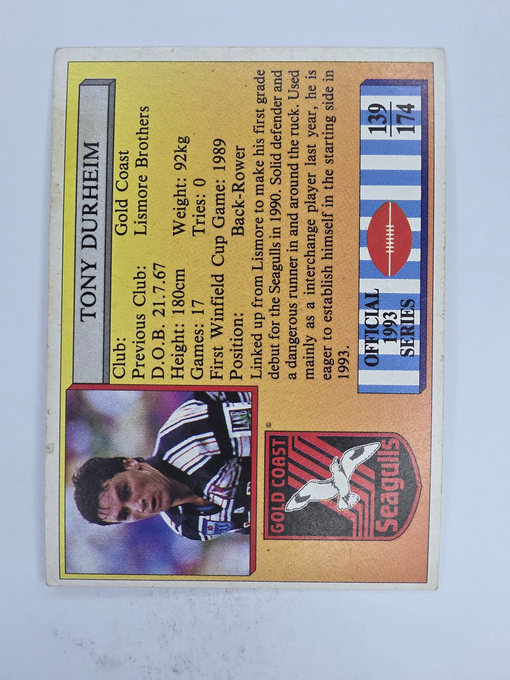 NRL 1993 Regina Base Card #139 Tony Durheim Gold Coast Seagulls