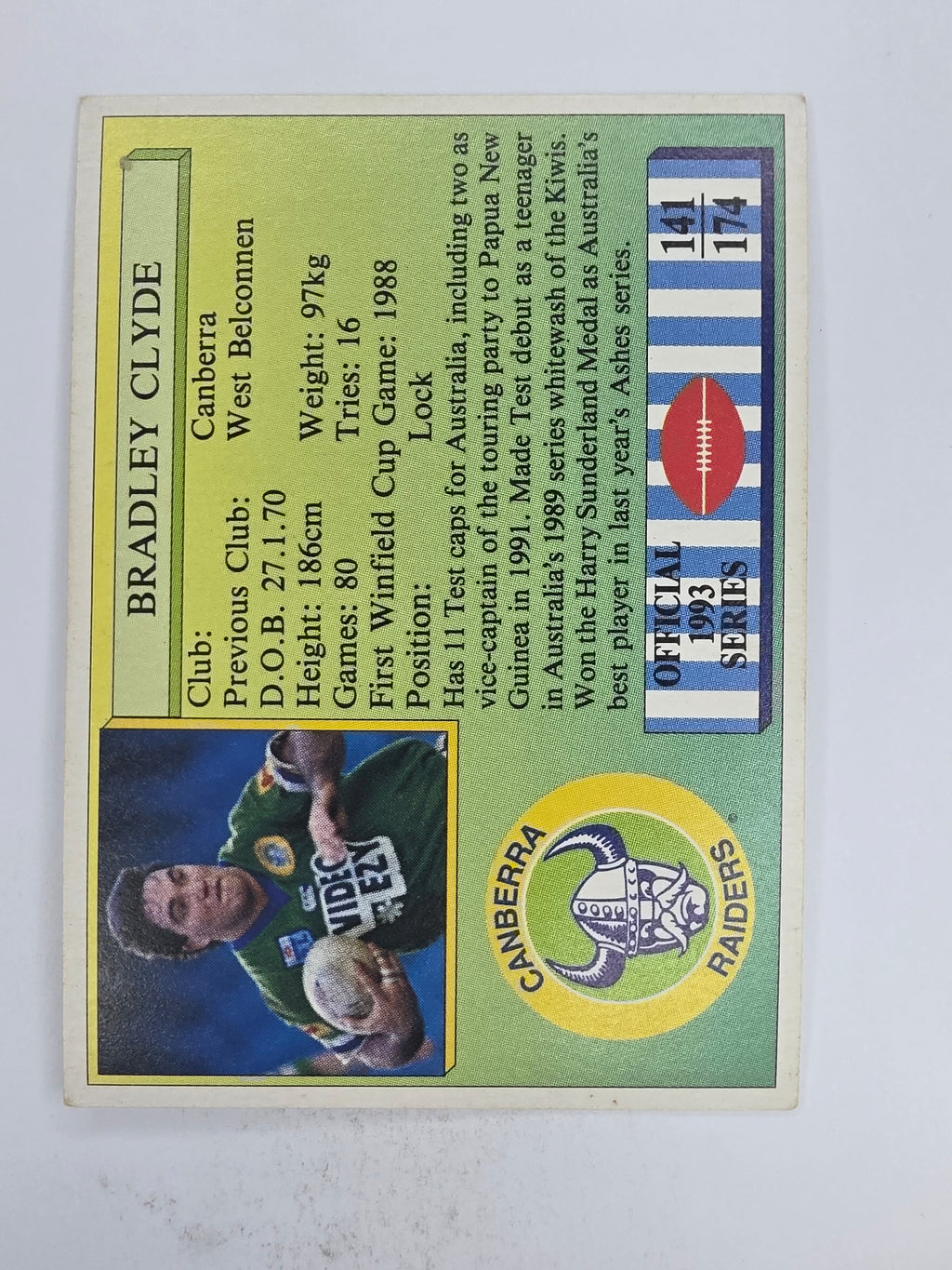 NRL 1993 Regina Base Card #141 Brad Clyde Canberra Raiders