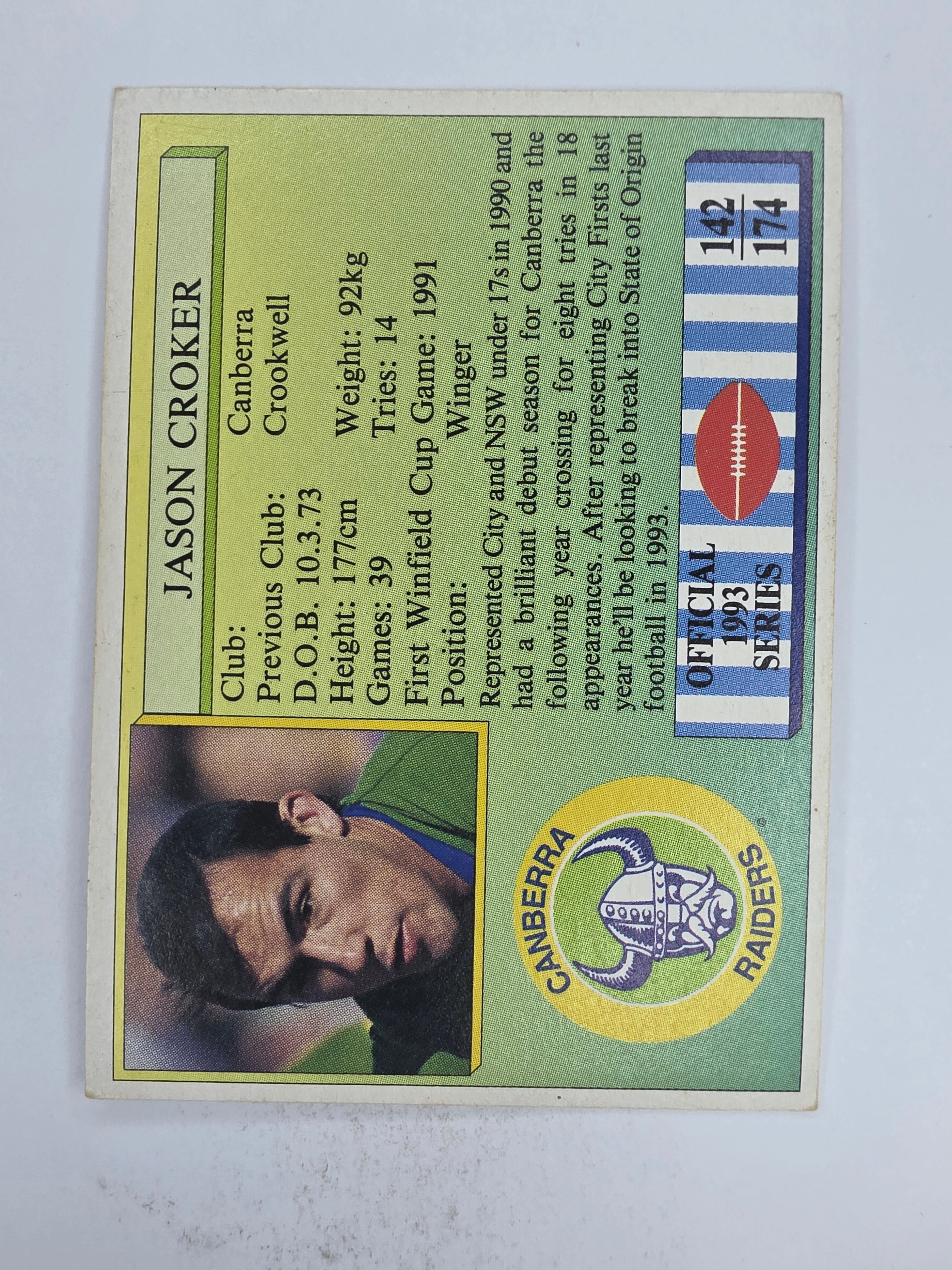 NRL 1993 Regina Base Card #142 Jason Crocker Canberra Raiders
