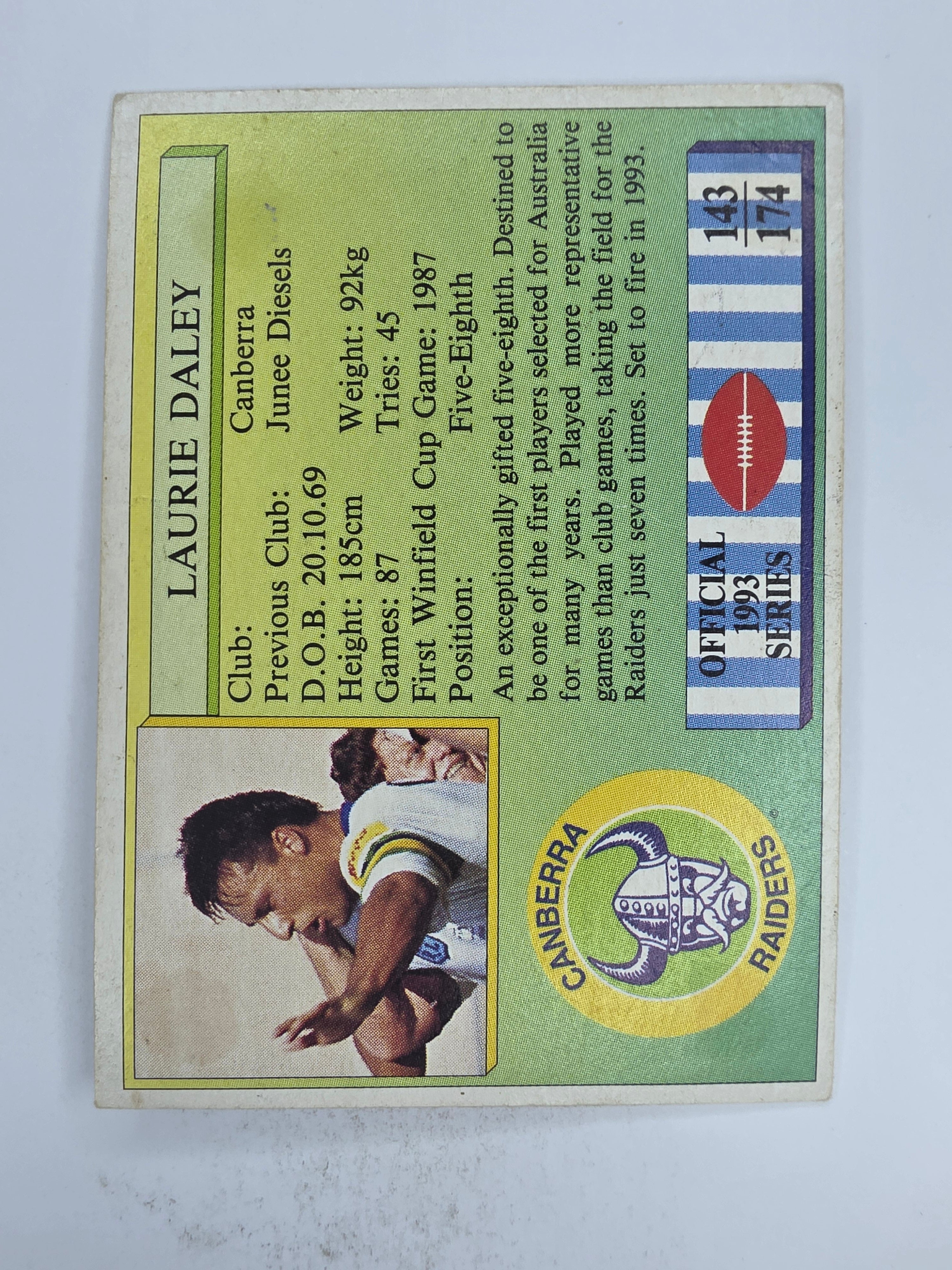 NRL 1993 Regina Base Card #143 Laurie Daley Canberra Raiders *damaged*