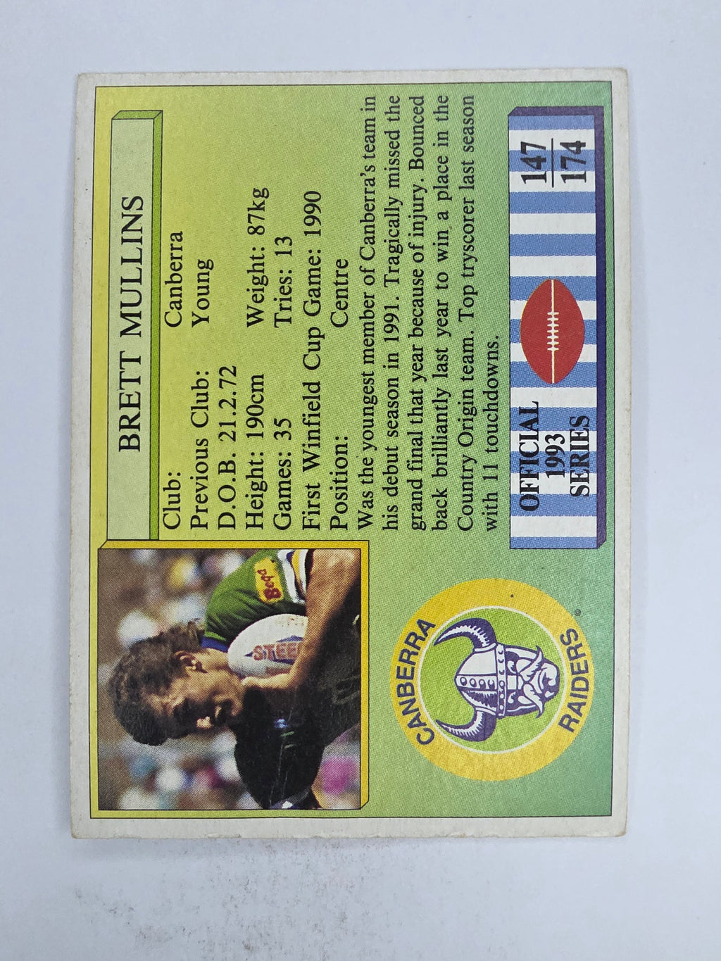 NRL 1993 Regina Base Card #147 Brett Mullins Canberra Raiders