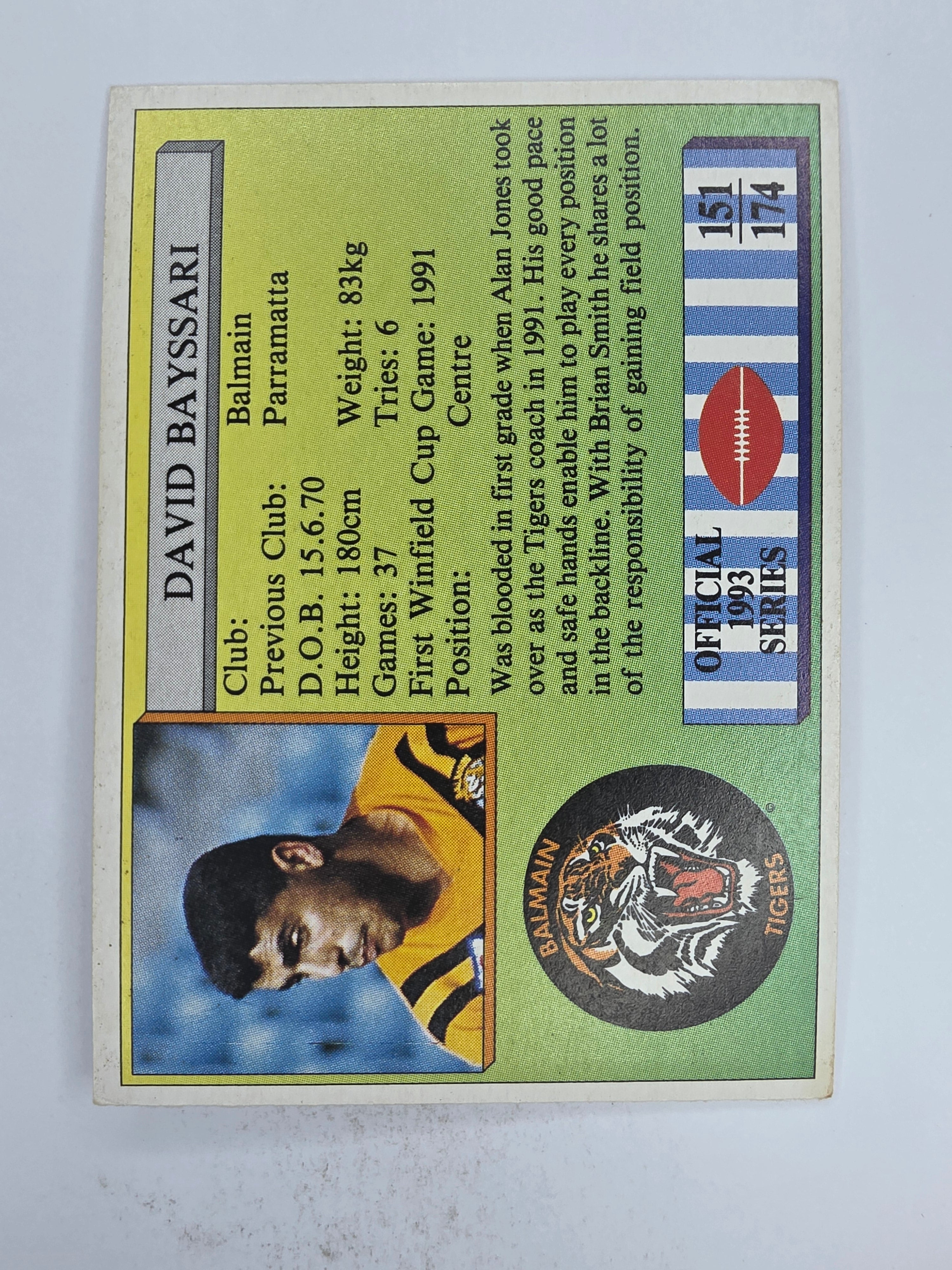 NRL 1993 Regina Base Card #151 David Bayssari Balmain Tigers