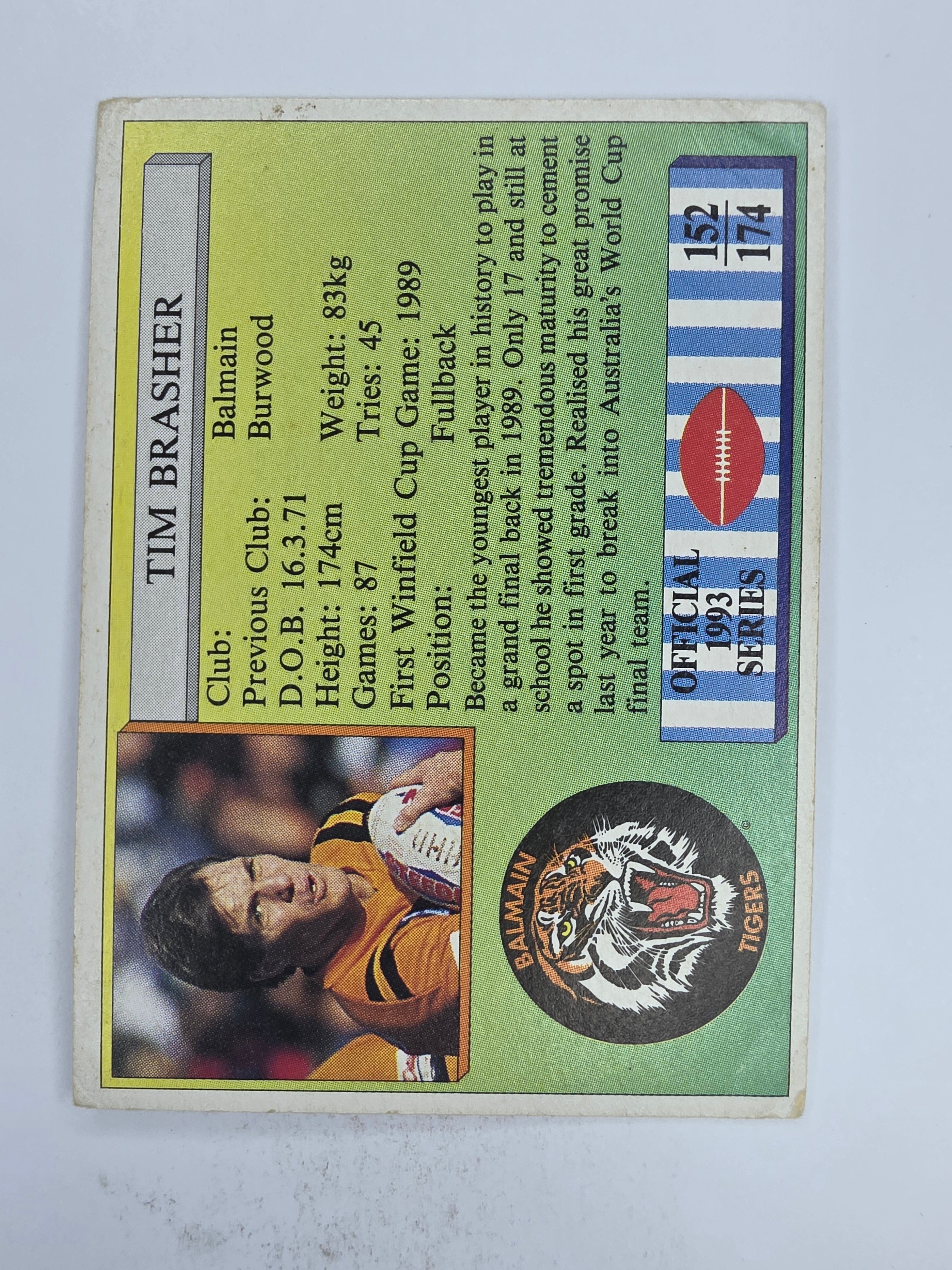 NRL 1993 Regina Base Card #152 Tim Brasher Balmain Tigers
