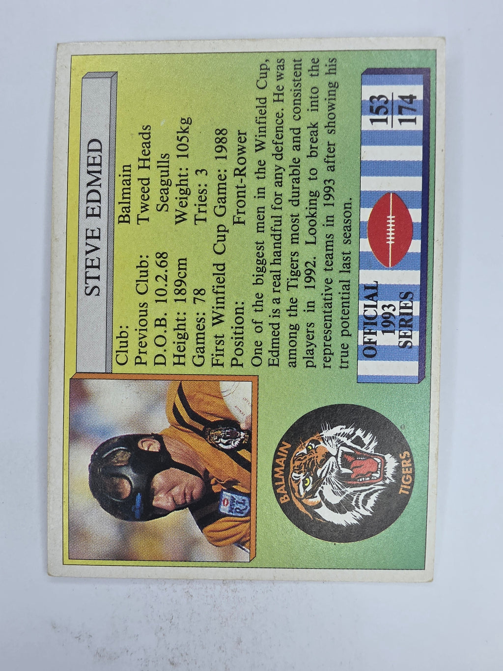 NRL 1993 Regina Base Card #153 Steve Edmed Balmain Tigers