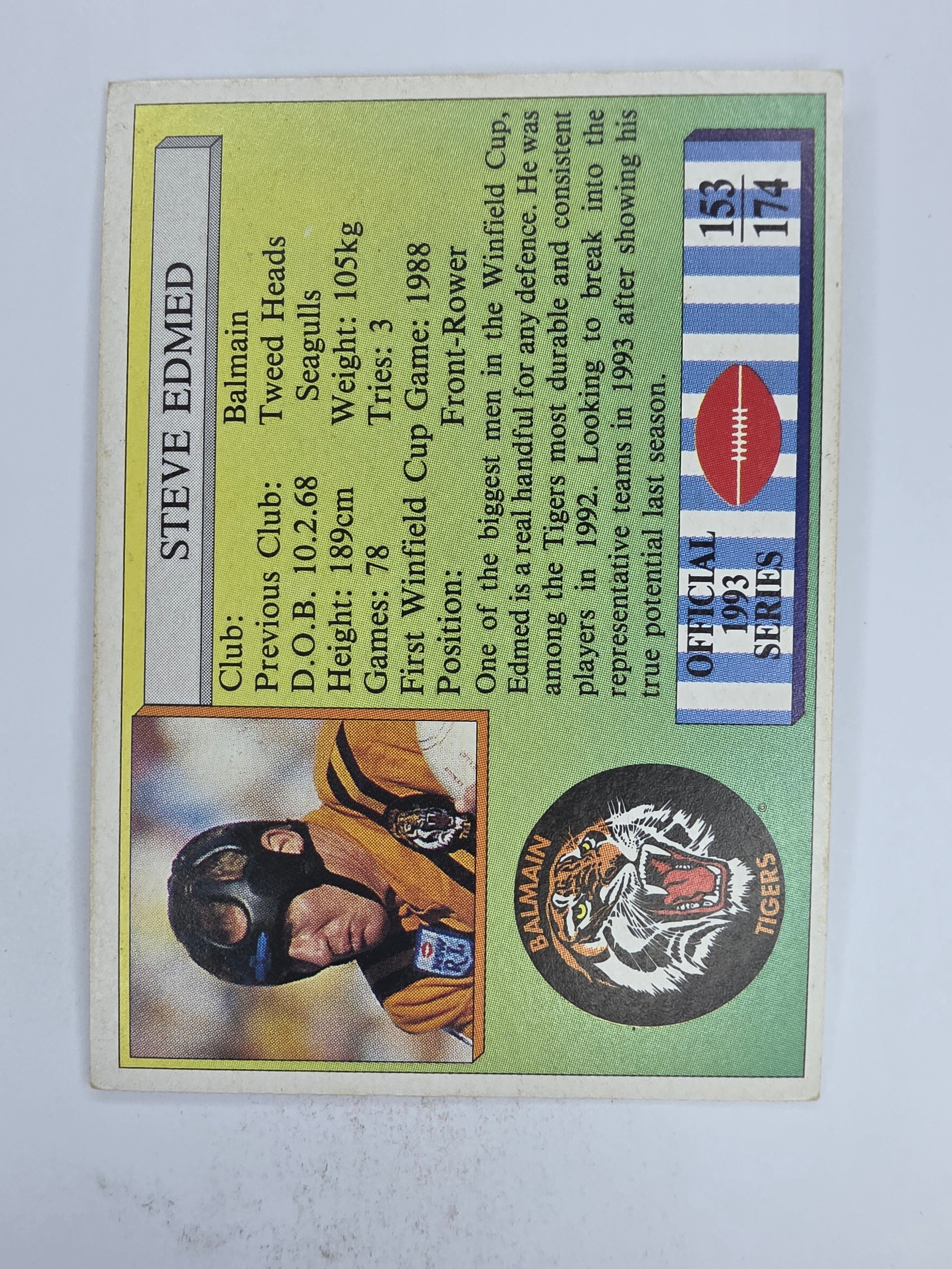 NRL 1993 Regina Base Card #153 Steve Edmed Balmain Tigers
