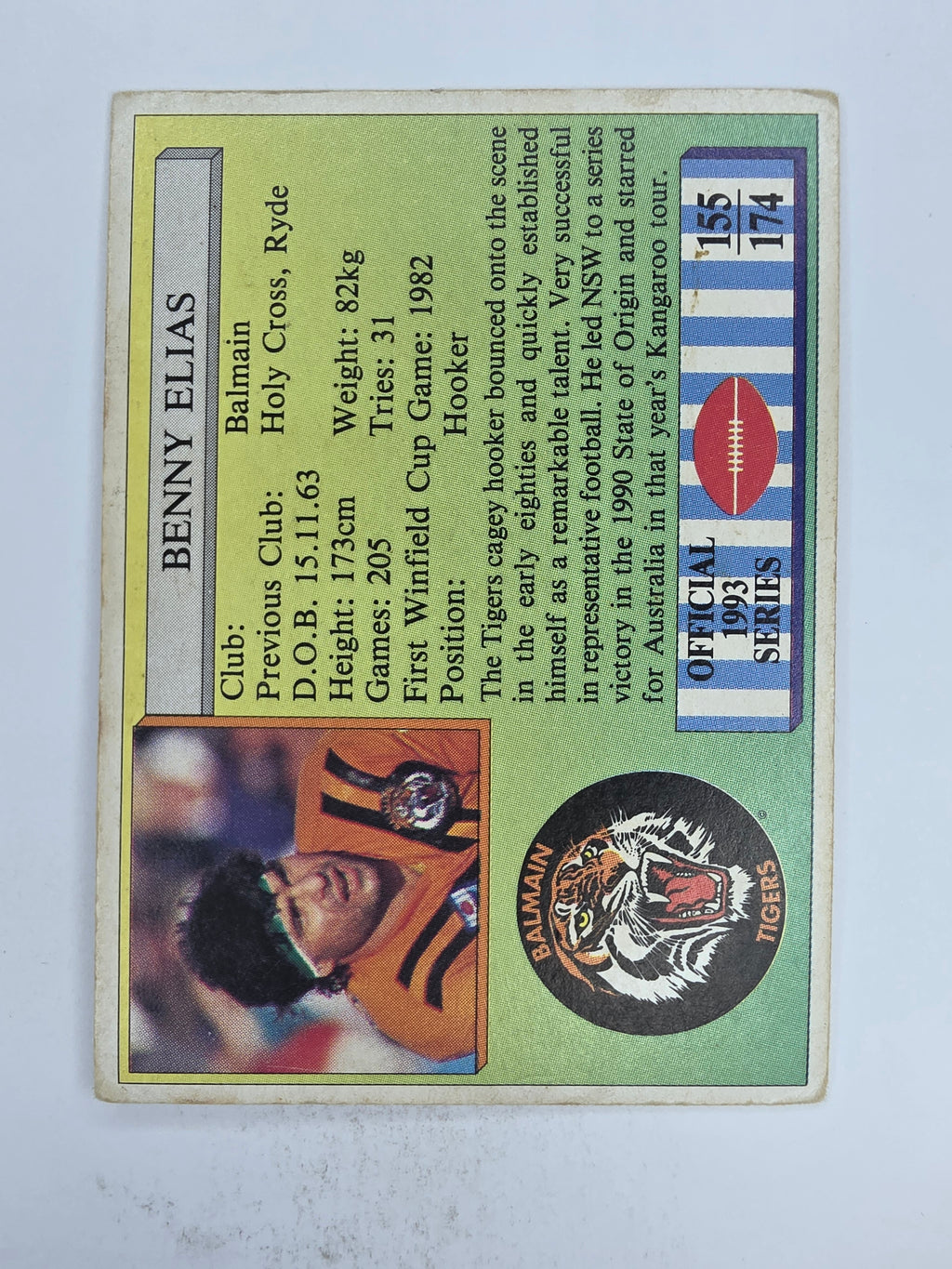 NRL 1993 Regina Base Card #155 Ben Elias Balmain Tigers
