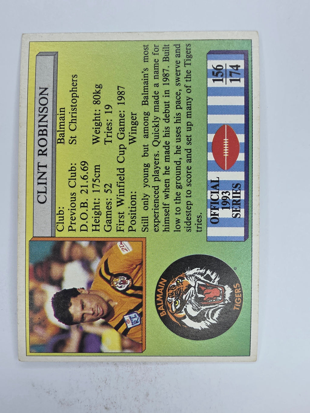 NRL 1993 Regina Base Card #156 Clint Robinson Balmain Tigers