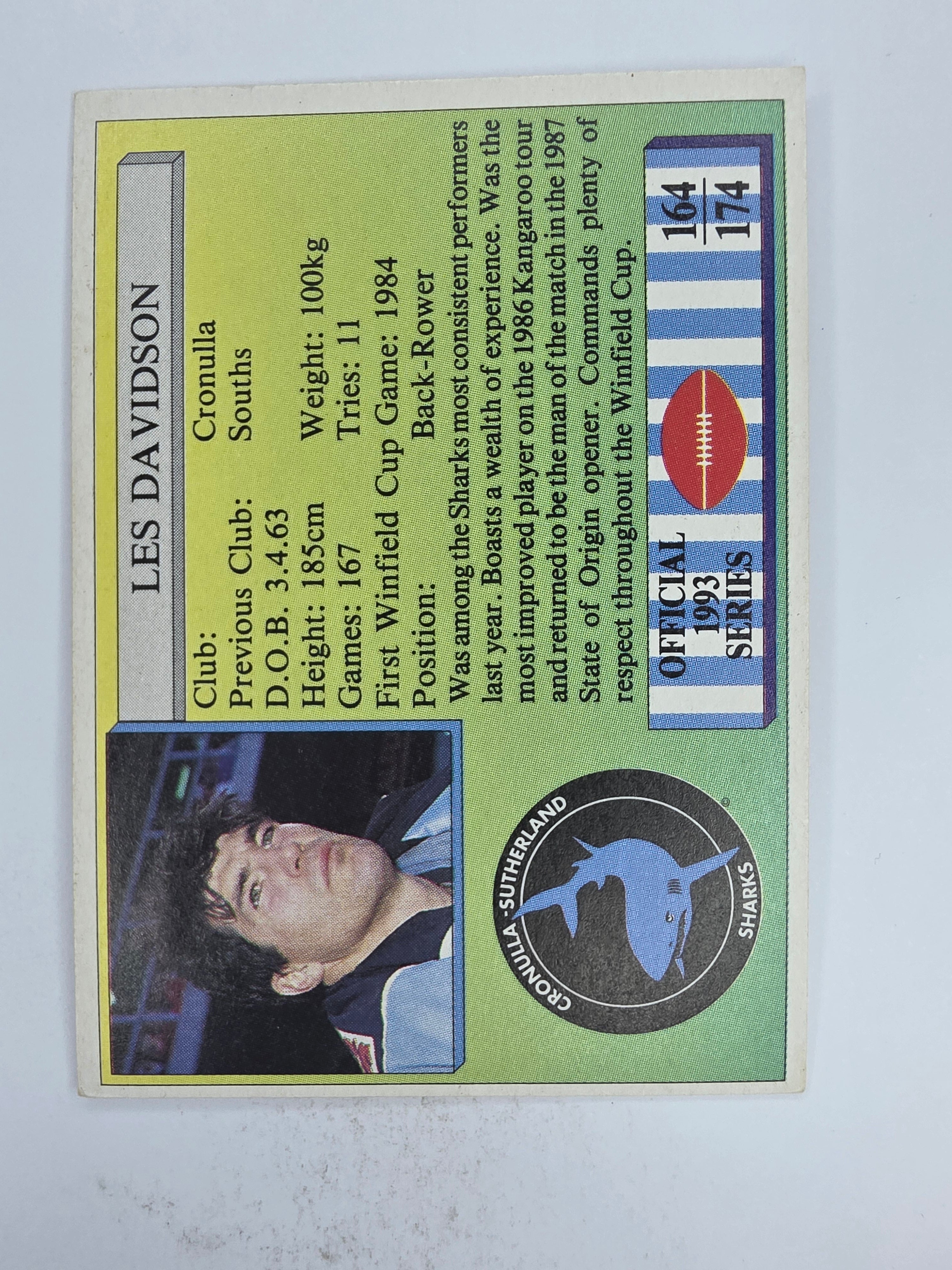 NRL 1993 Regina Base Card #164 Les Davidson Cronulla Sutherland Sharks