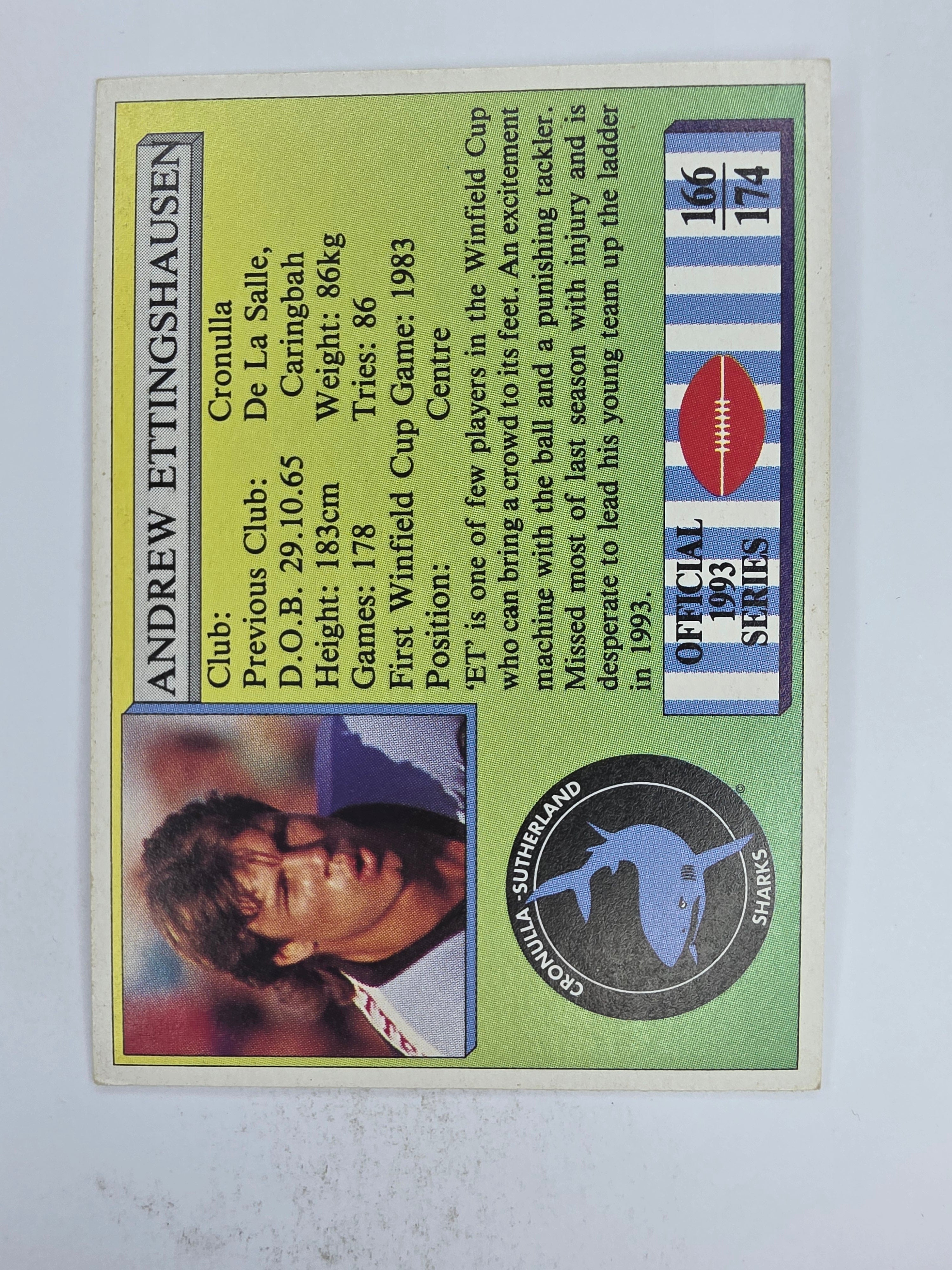 NRL 1993 Regina Base Card #166 Andrew Ettingshausen Cronulla Sutherland Sharks