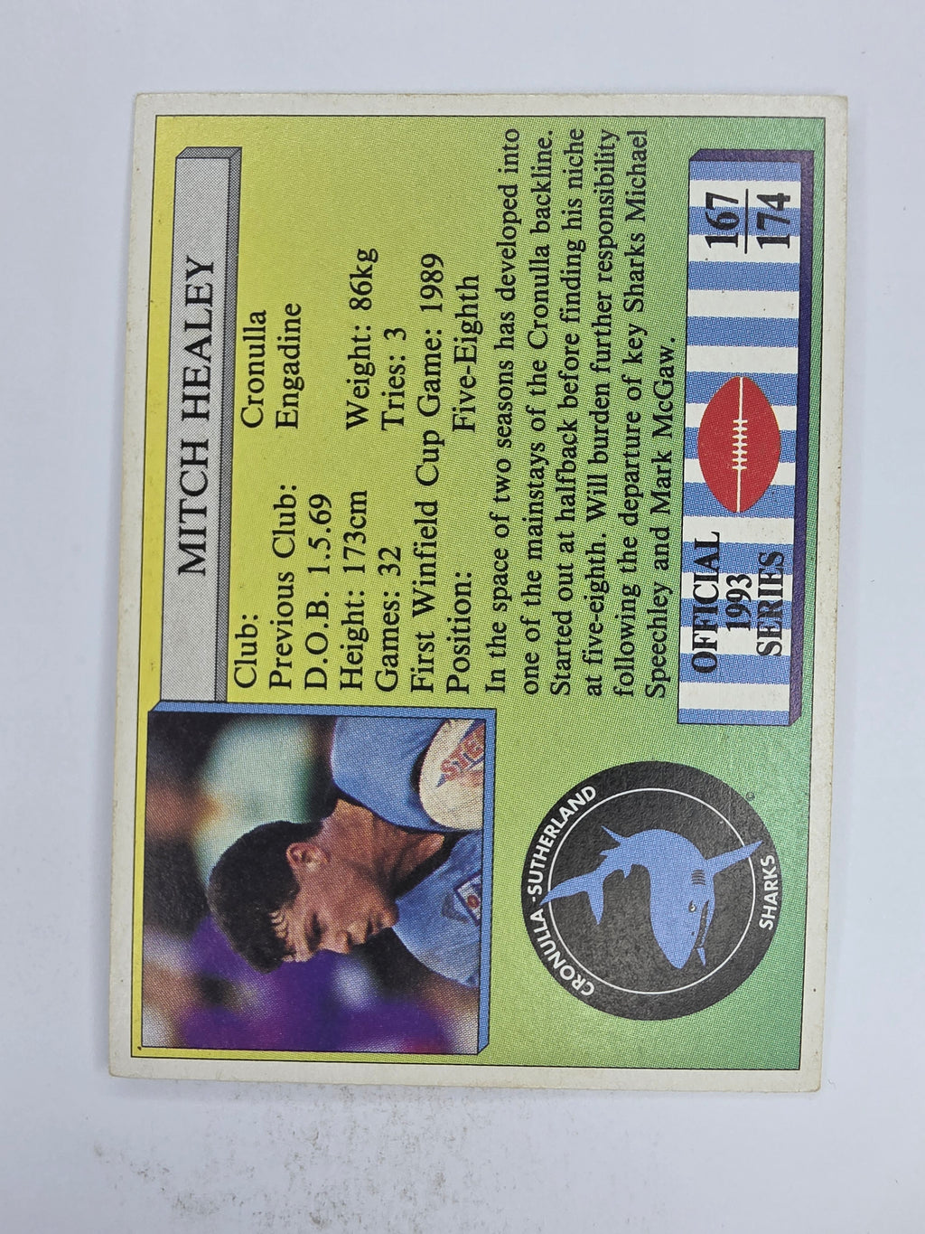 NRL 1993 Regina Base Card #167 Mitch Healey Cronulla Sutherland Sharks
