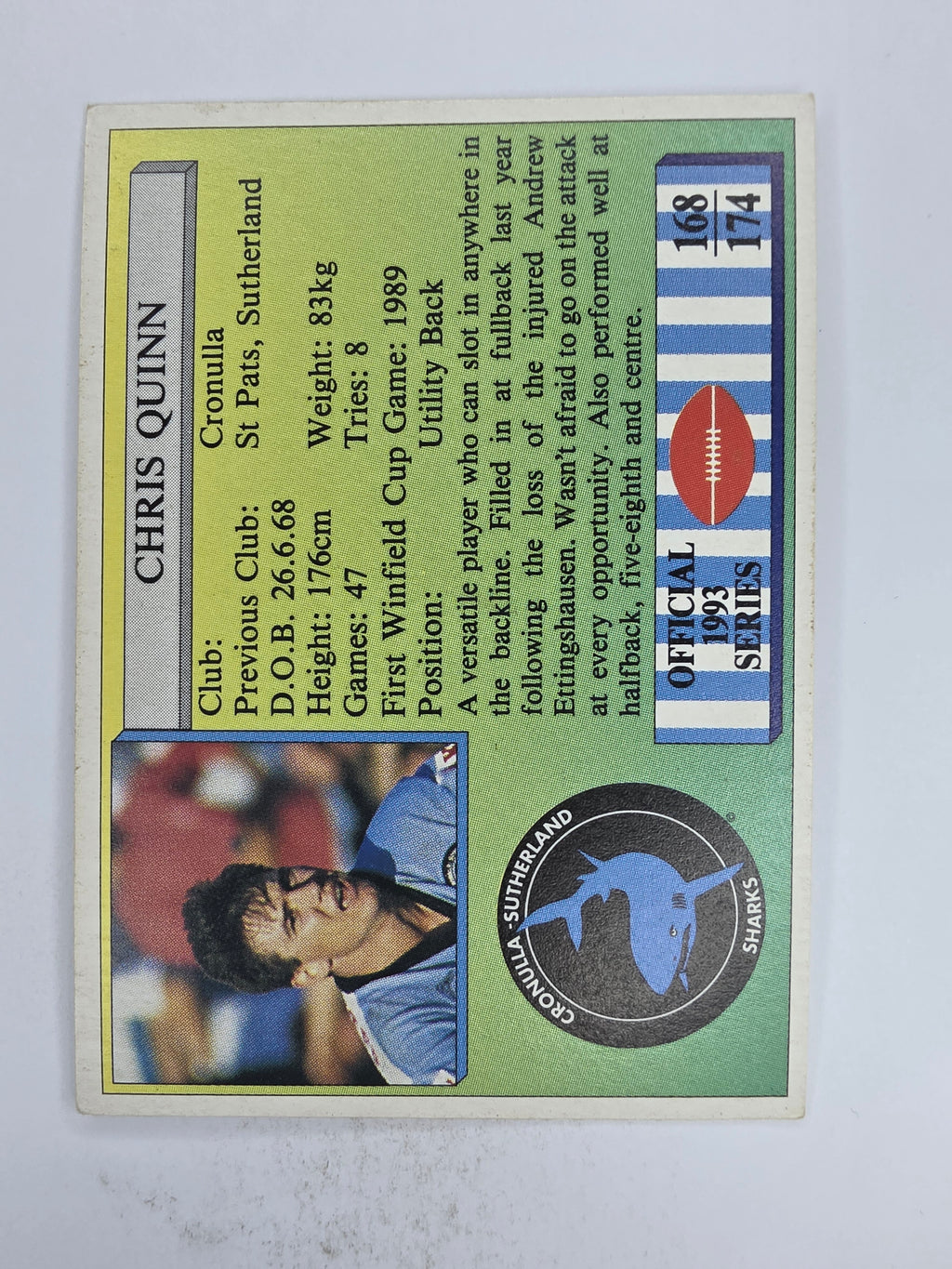 NRL 1993 Regina Base Card #168 Chris Quinn Cronulla Sutherland Sharks