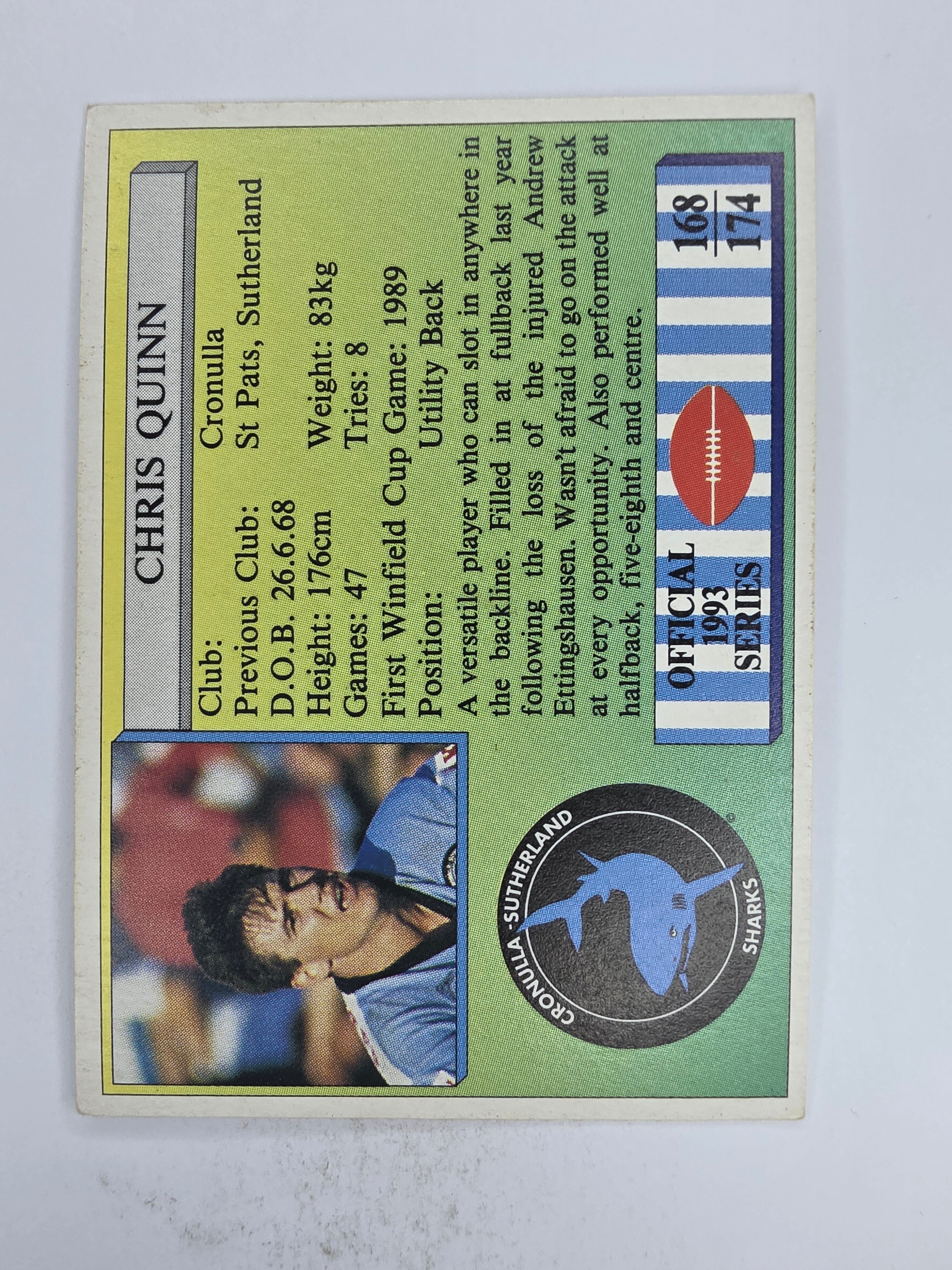 NRL 1993 Regina Base Card #168 Chris Quinn Cronulla Sutherland Sharks