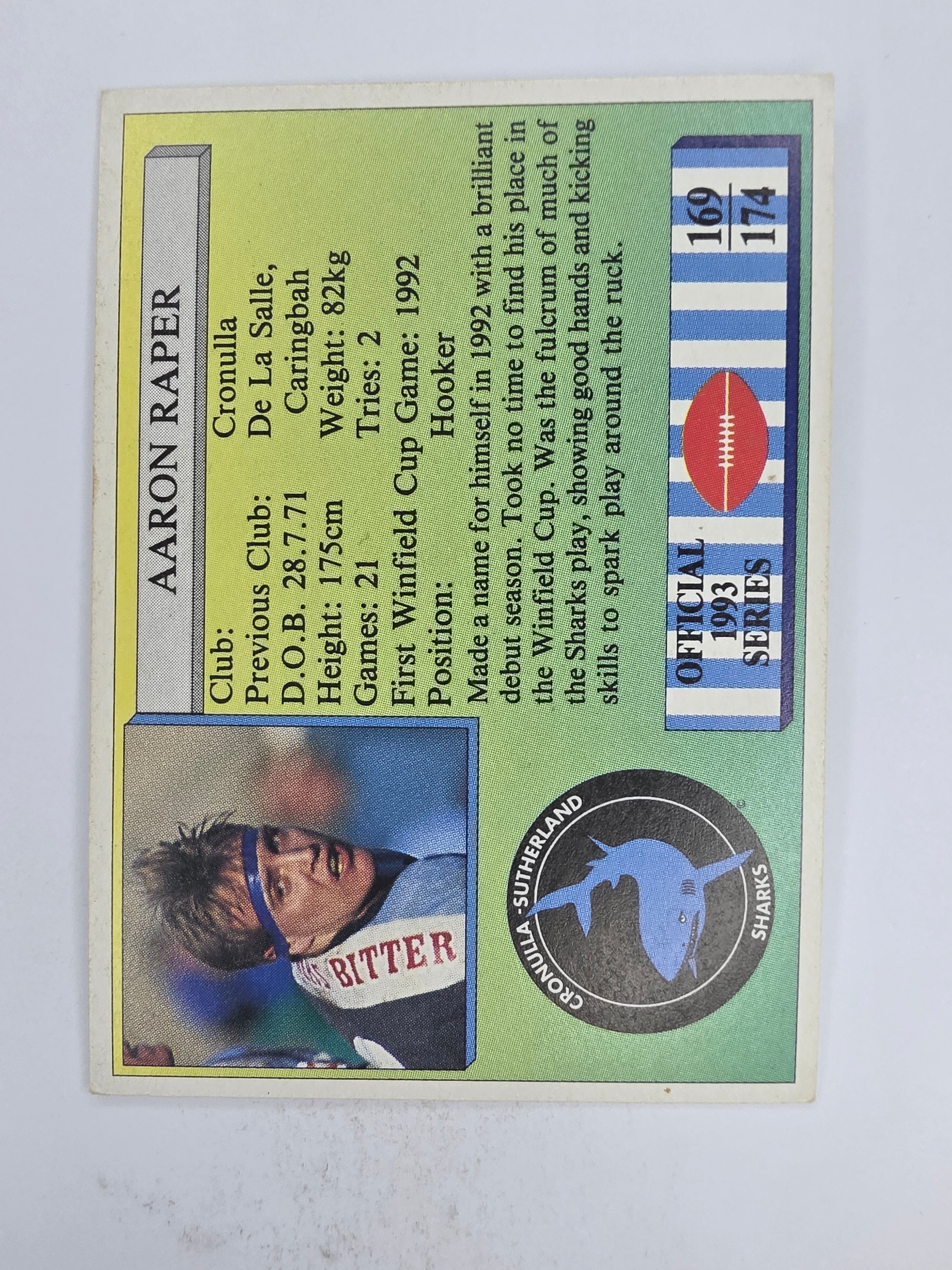 NRL 1993 Regina Base Card #169 Aaron Raper Cronulla Sutherland Sharks