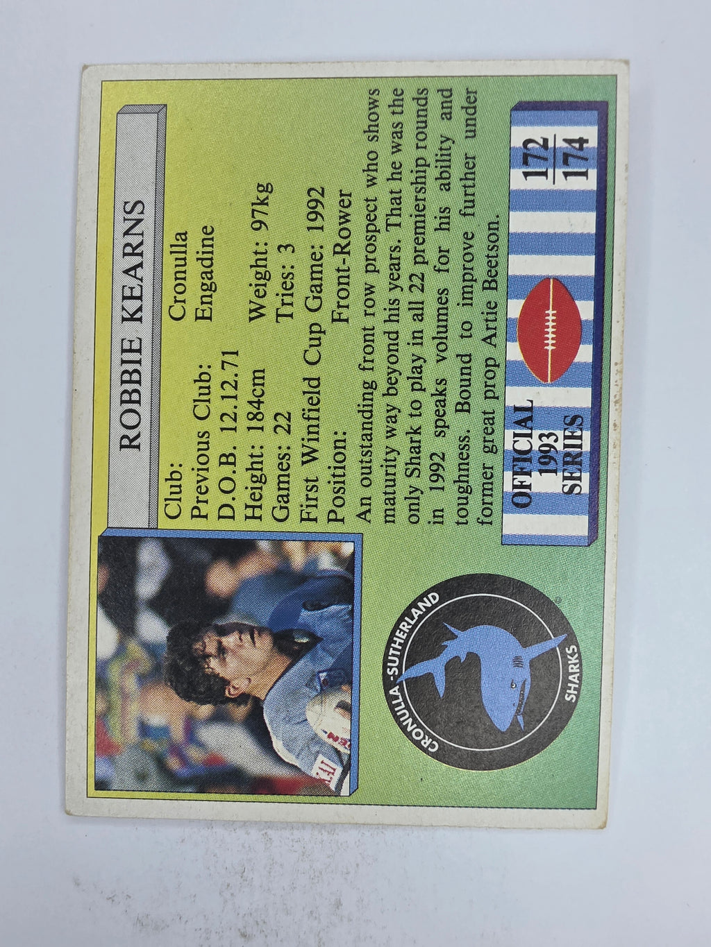 NRL 1993 Regina Base Card #172 Robbie Kearns Cronulla Sutherland Sharks