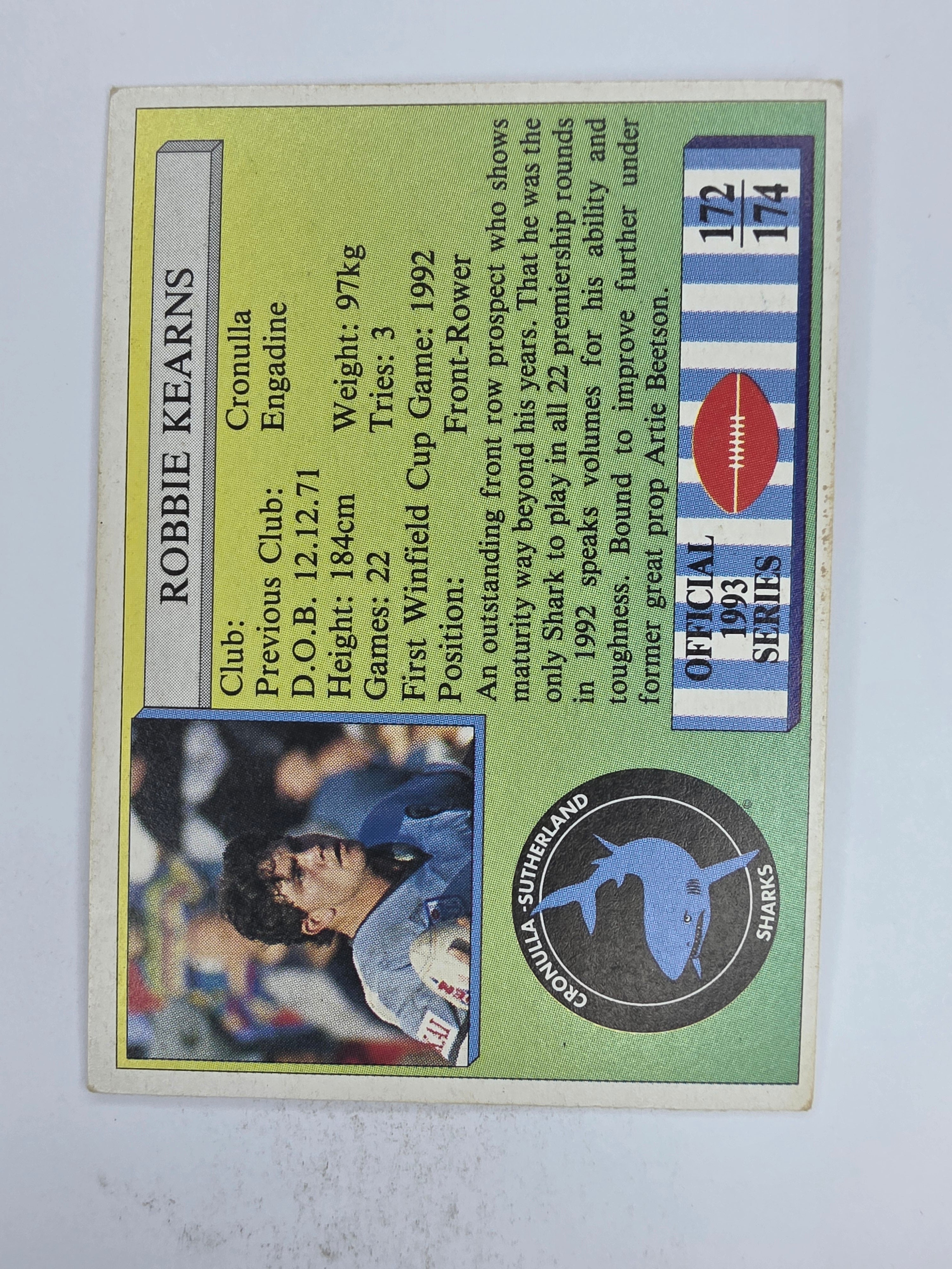 NRL 1993 Regina Base Card #172 Robbie Kearns Cronulla Sutherland Sharks