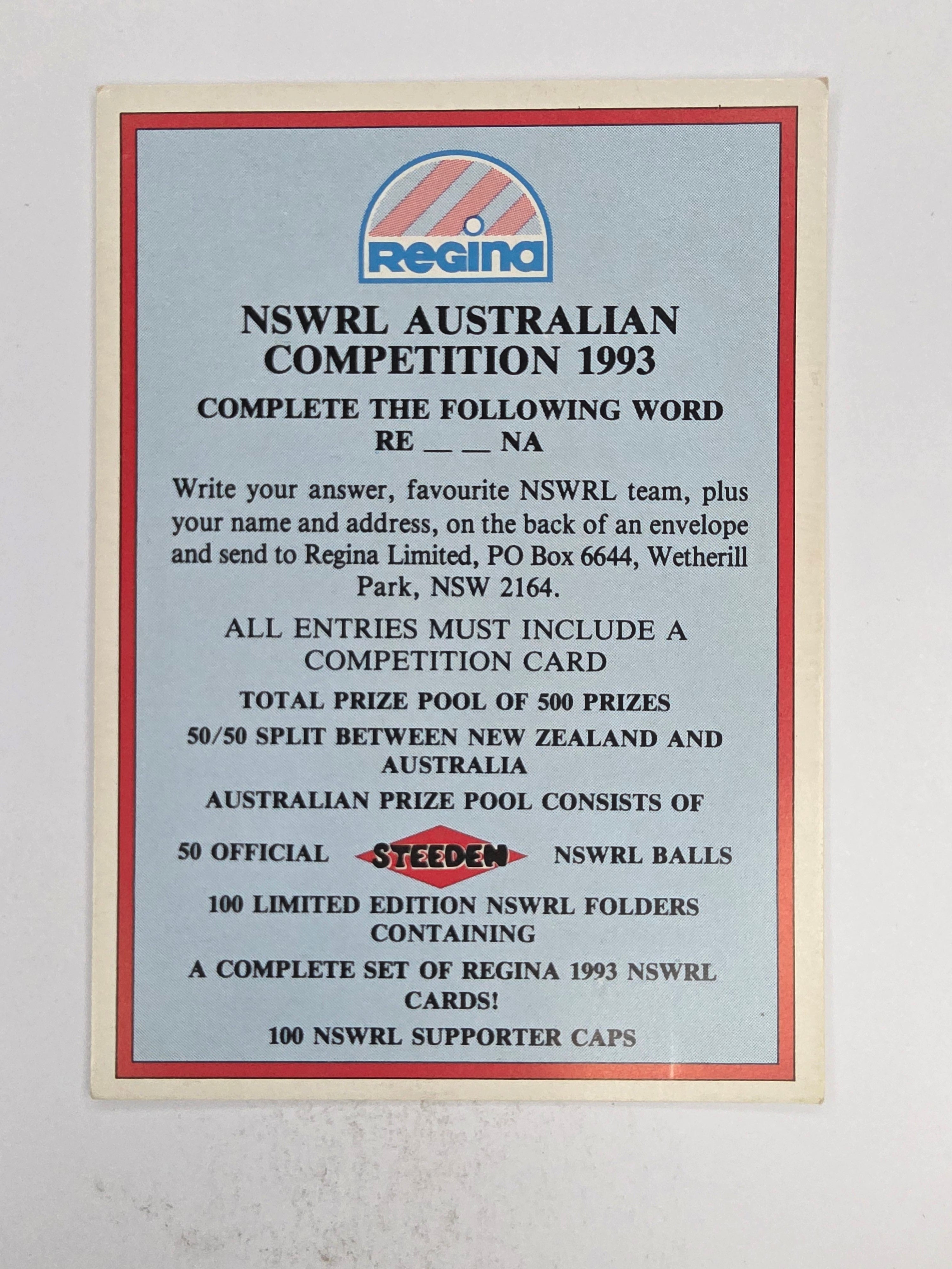 NRL 1993 Regina Base Card #174 Competition Card / Swappa card offer