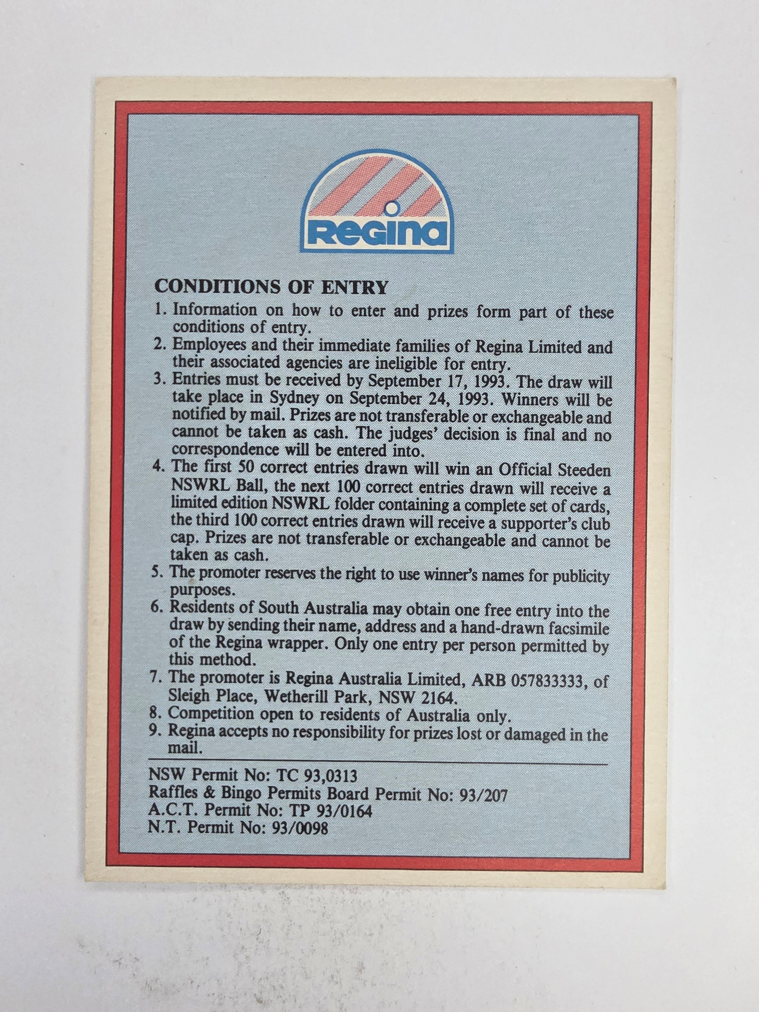 NRL 1993 Regina Base Card #174 Competition Card / Swappa card offer