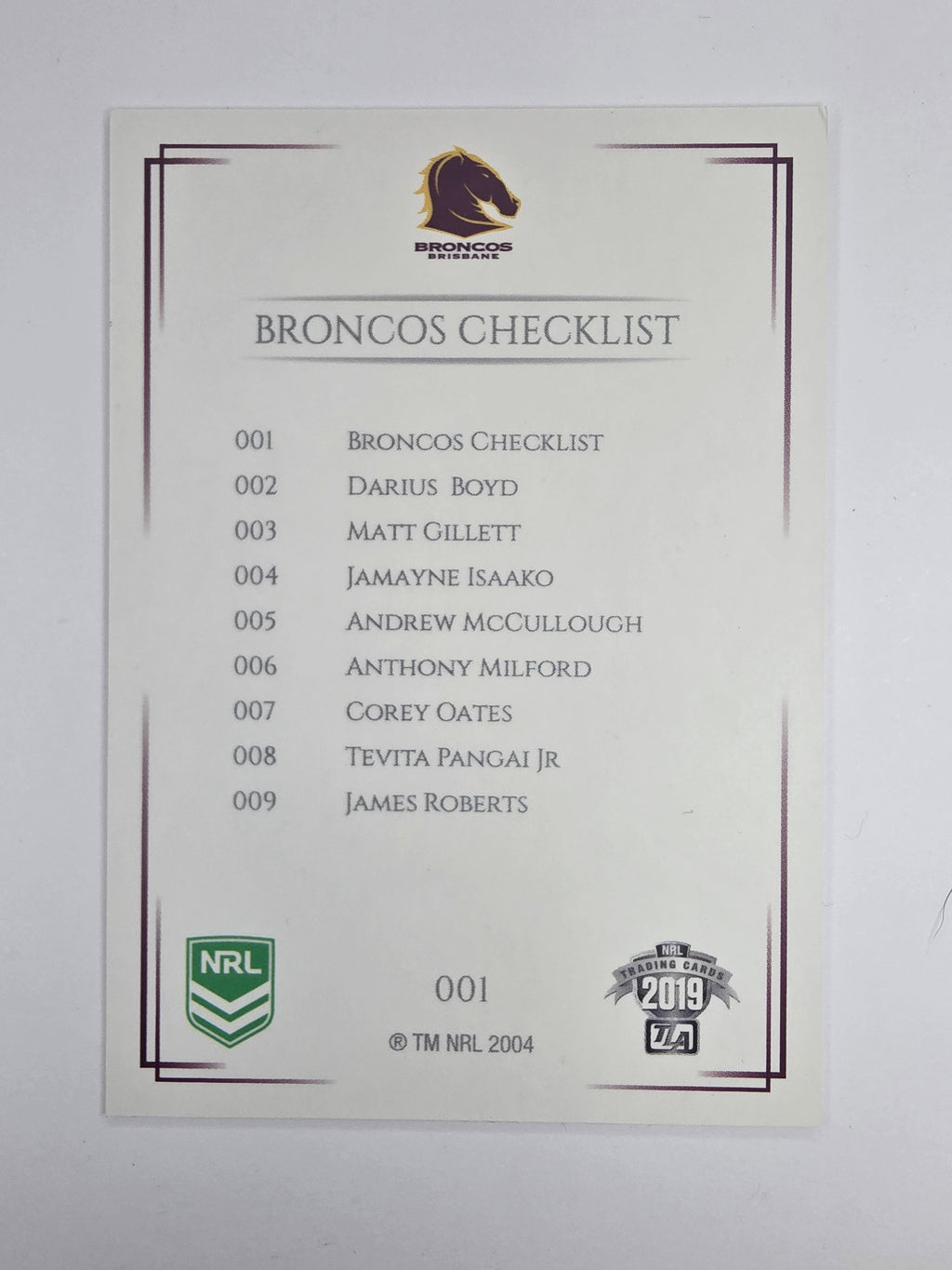NRL 2019 Elite Base Card #1 Checklist Brisbane Broncos
