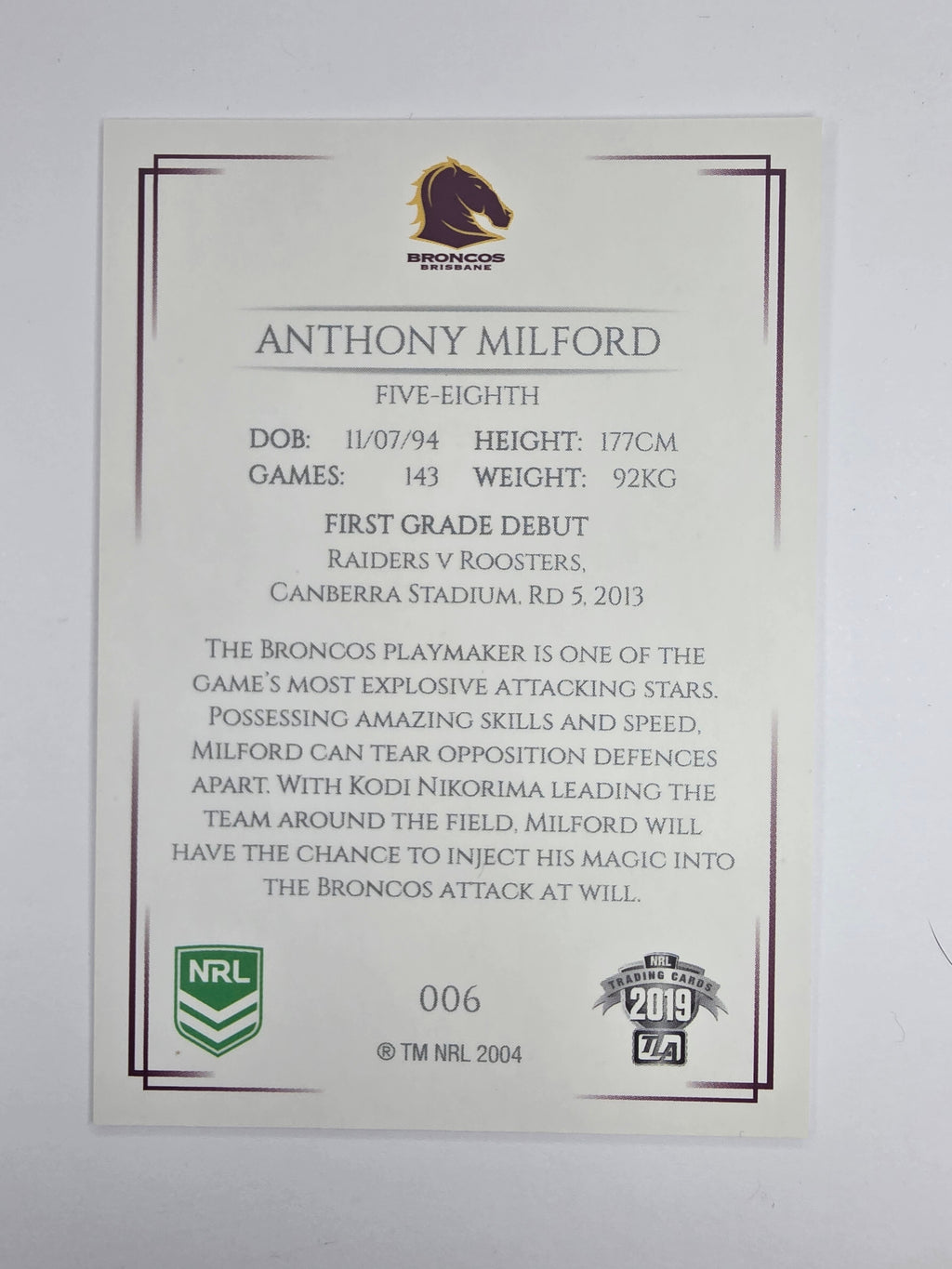 NRL 2019 Elite Base Card #6 Anthony Milford Brisbane Broncos