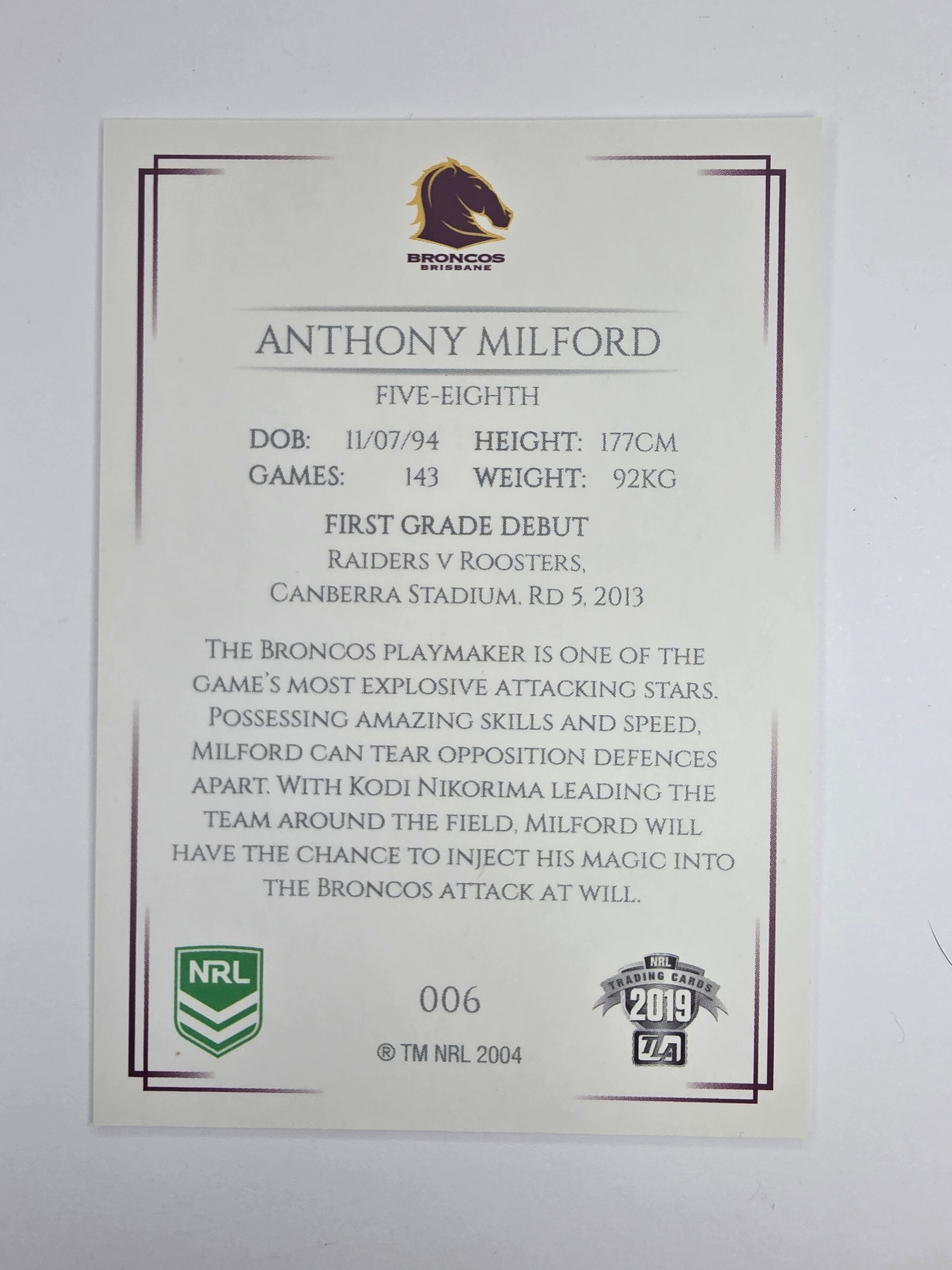 NRL 2019 Elite Base Card #6 Anthony Milford Brisbane Broncos