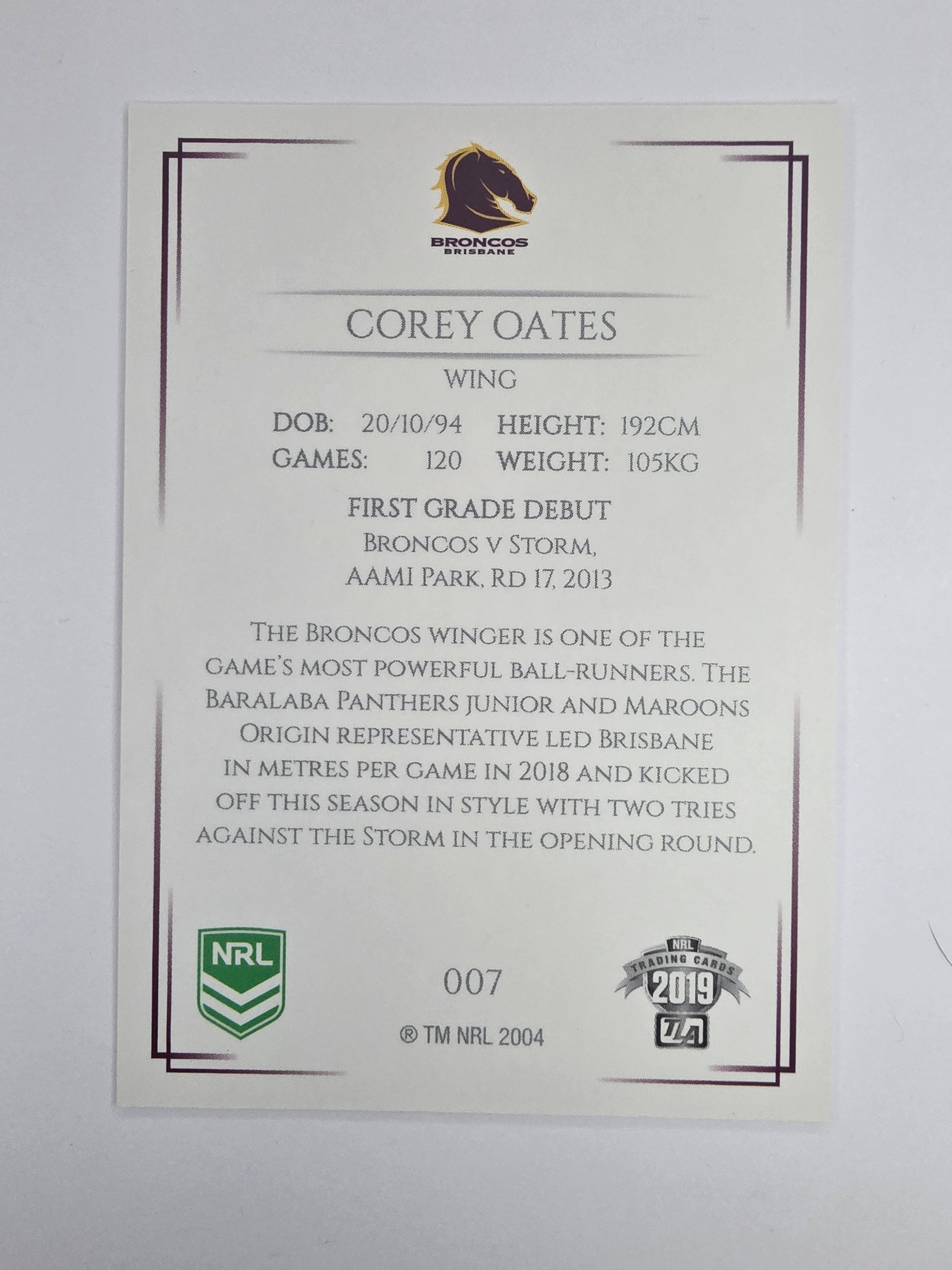 NRL 2019 Elite Base Card #7 Corey Oates Brisbane Broncos