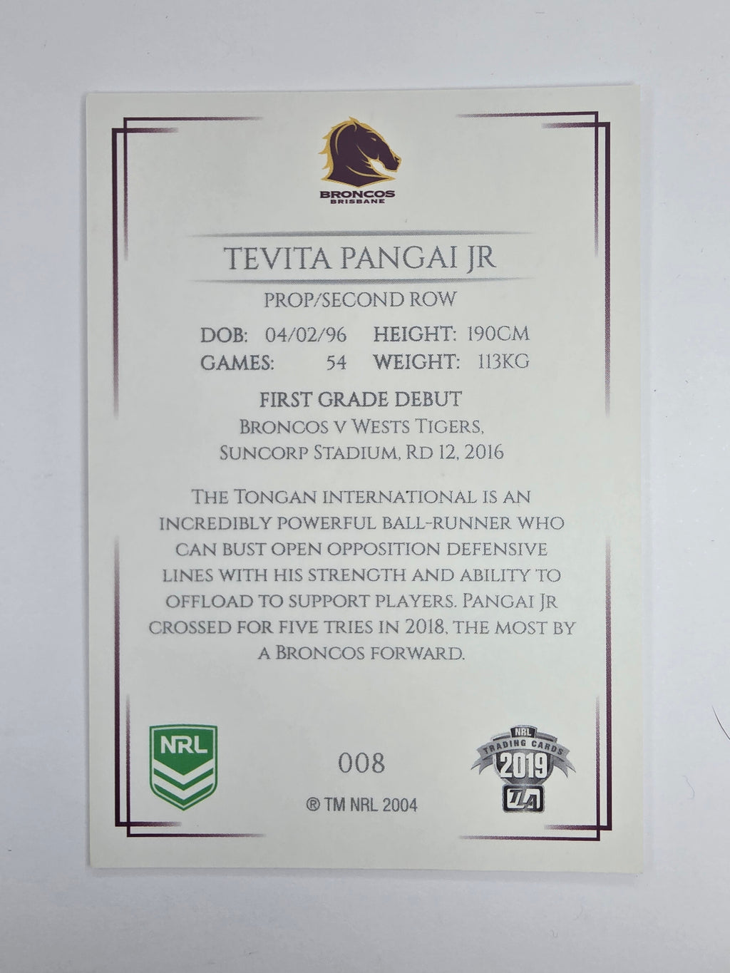 NRL 2019 Elite Base Card #8 Tevita Pangai Jr Brisbane Broncos