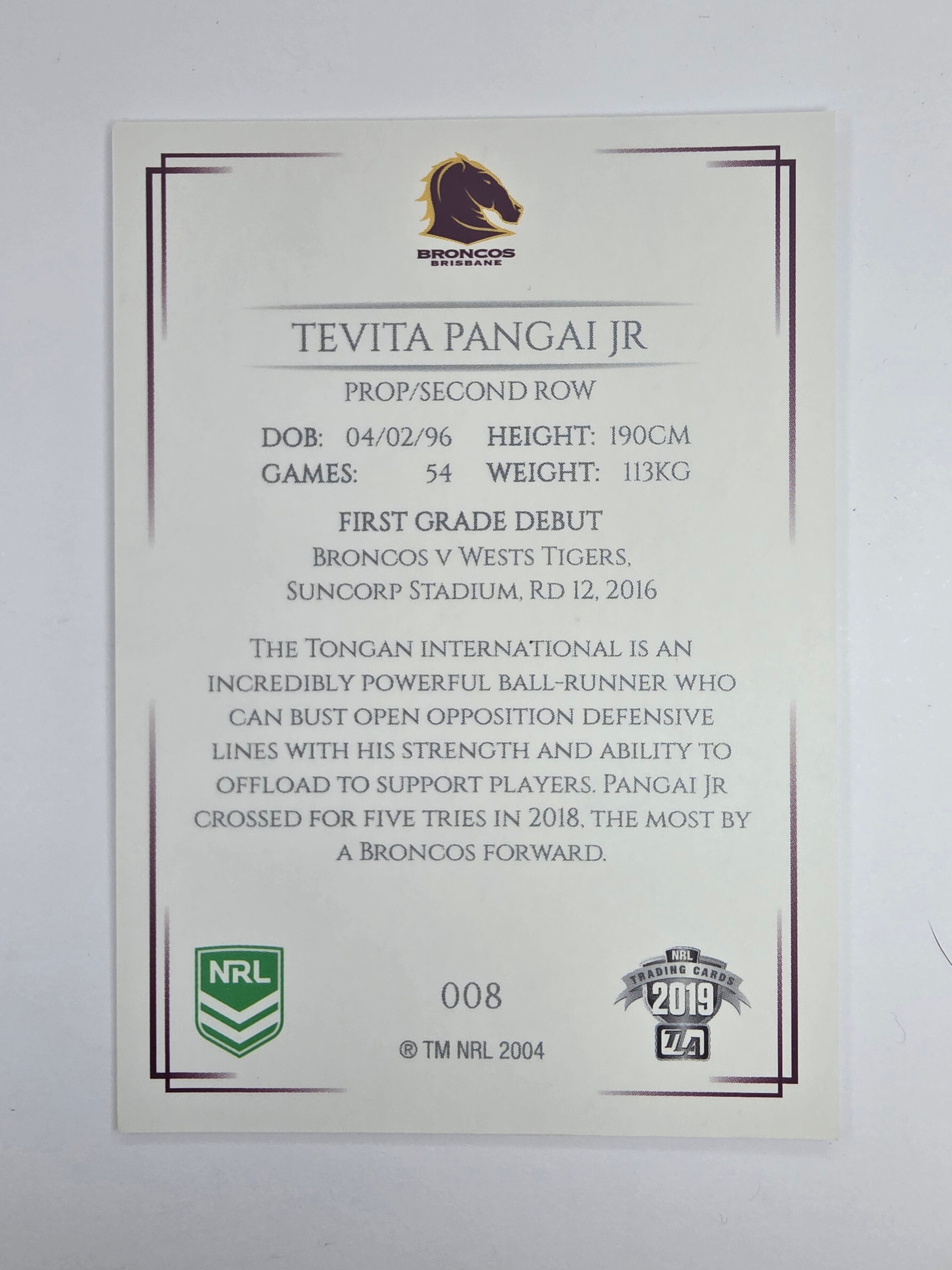 NRL 2019 Elite Base Card #8 Tevita Pangai Jr Brisbane Broncos